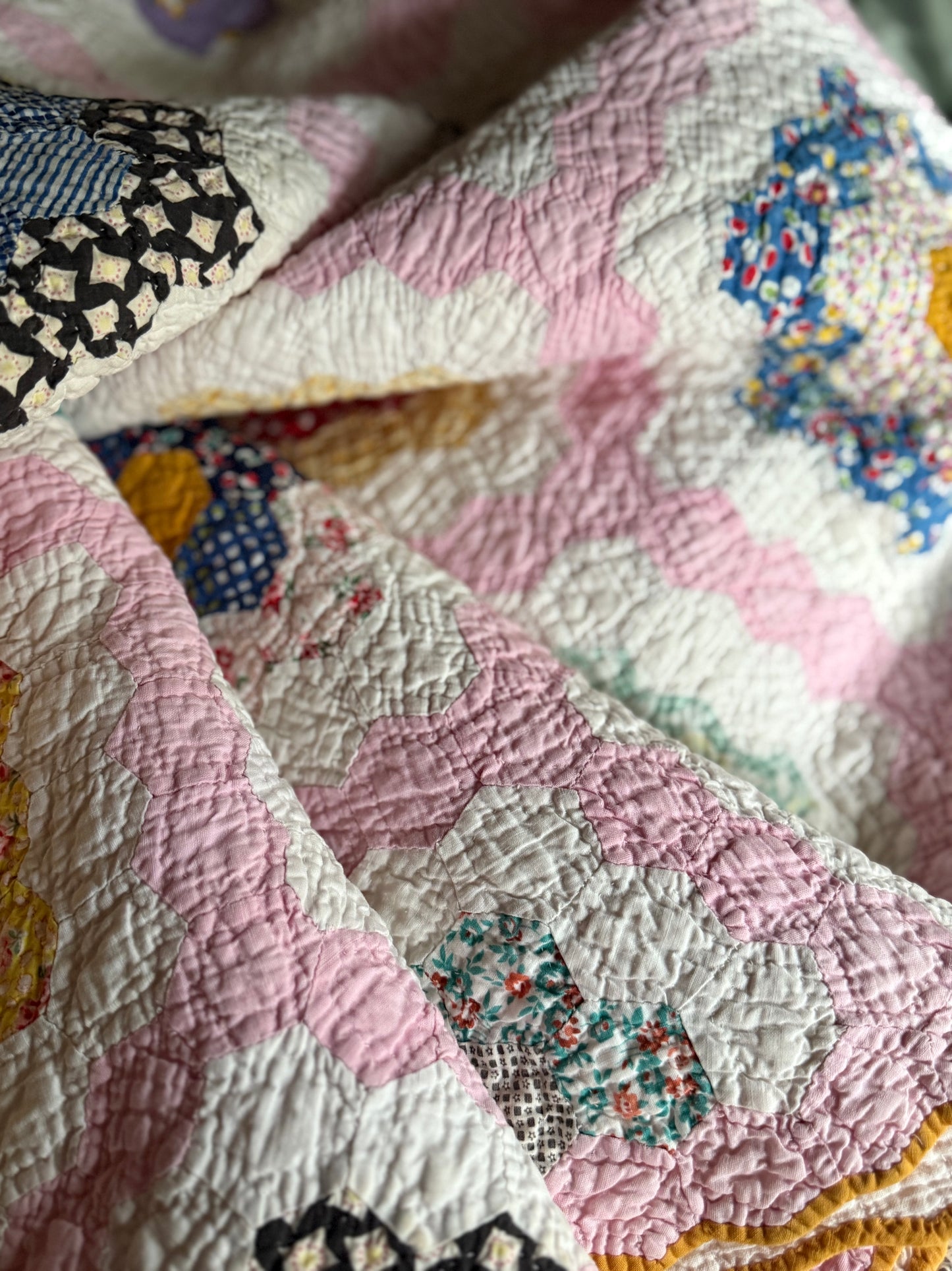 Vintage Pink Grandmother's Flower Garden Quilt
