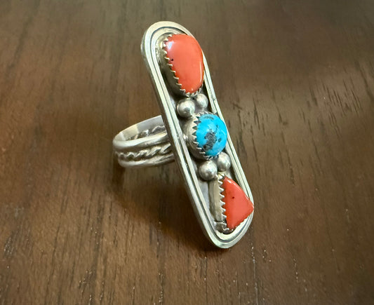Sterling Turquoise and Coral Ring