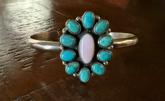 Sterling Turquoise and Pink Conch Cuff Bracelet
