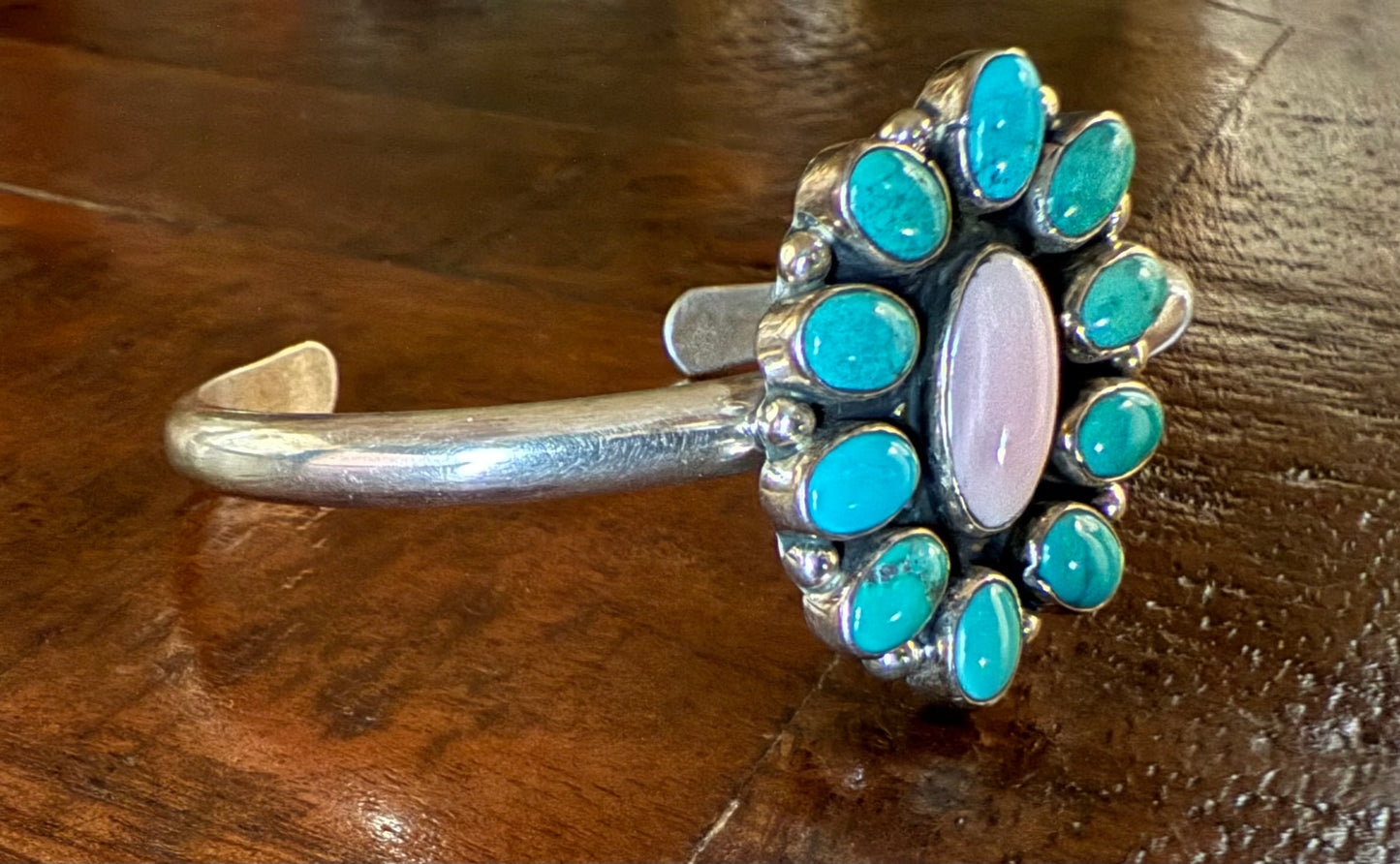Sterling Turquoise and Pink Conch Cuff Bracelet