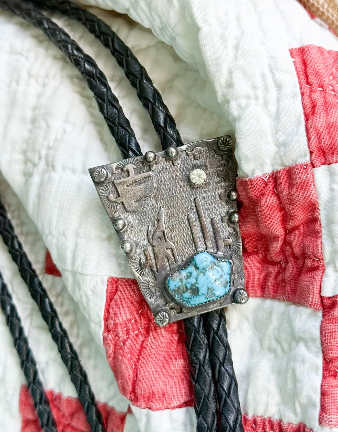 Vintage Turquoise and White Sapphire Bolo Tie