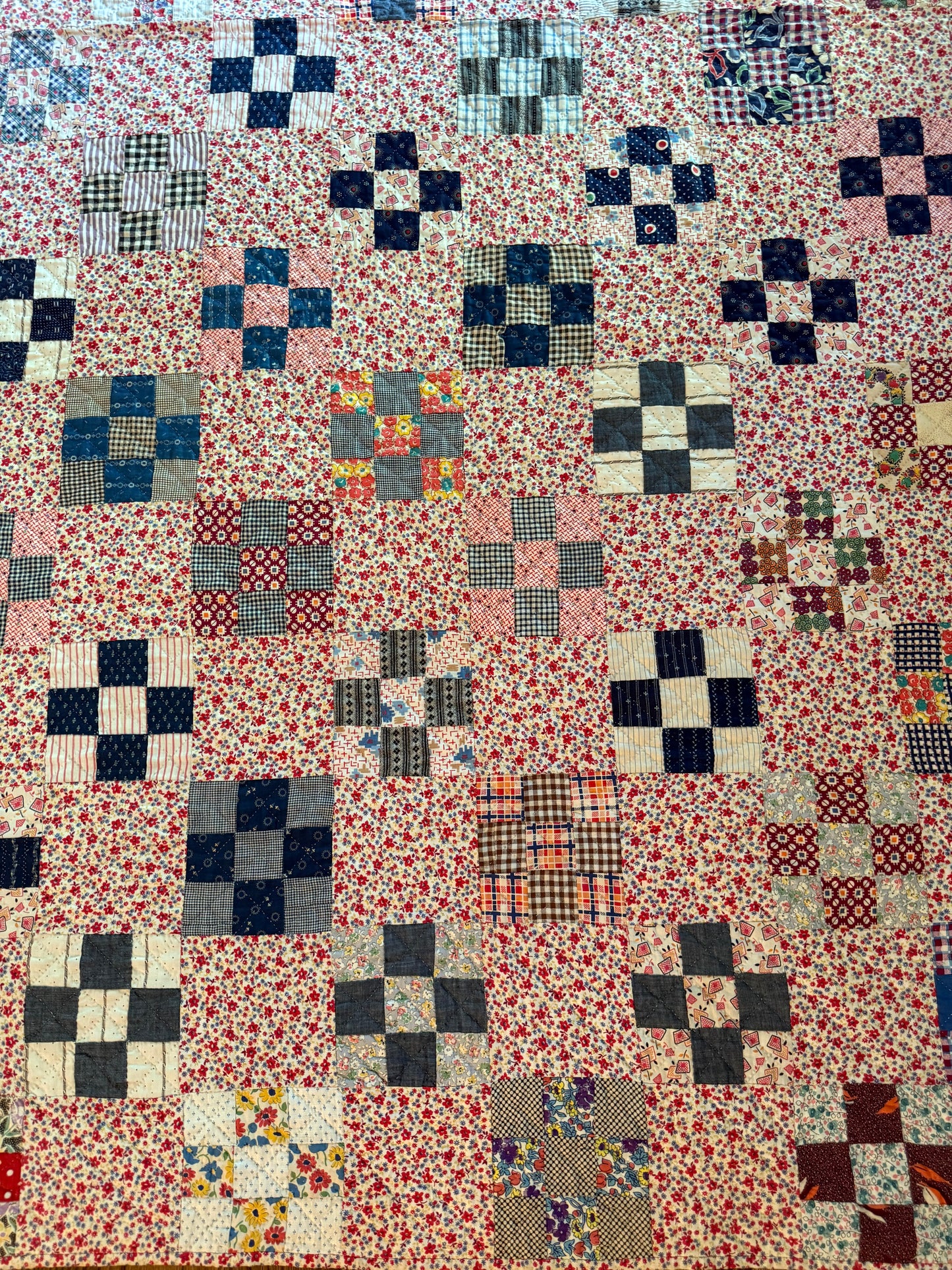 Vintage Red Floral Background Nine Patch Quilt