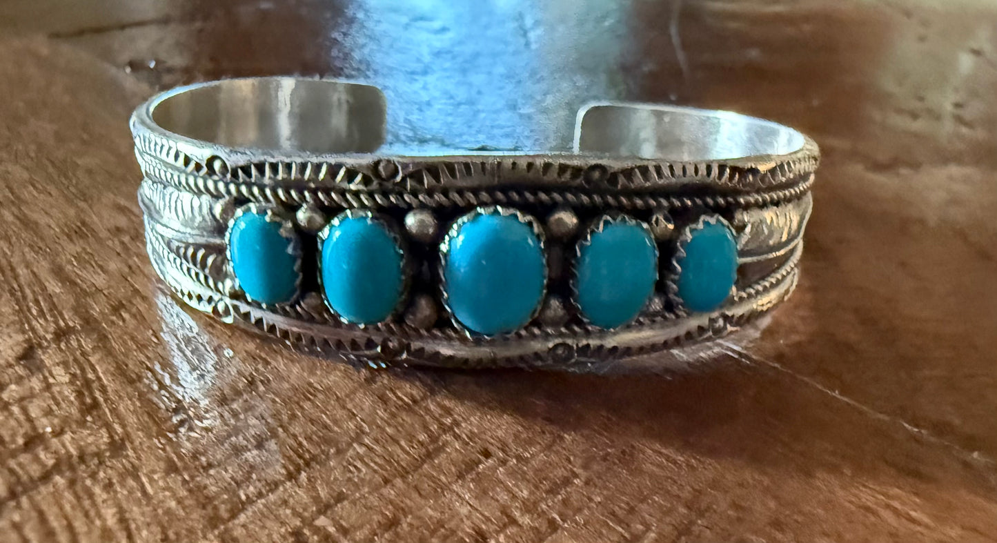 Sterling Turquoise 5 Stone Cuff Bracelet