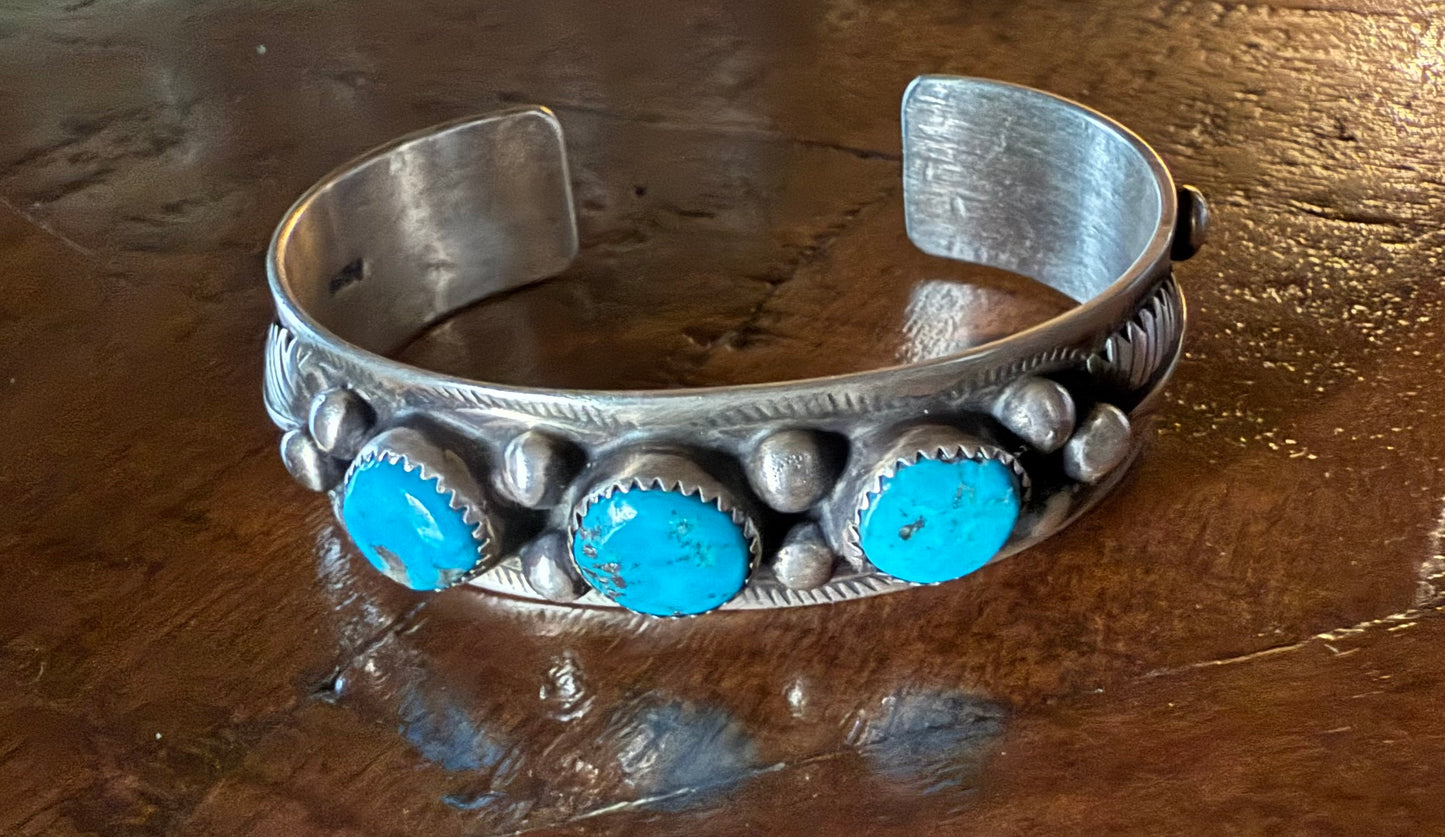 Sterling Turquoise 3 Stone Chunky Cuff Bracelet