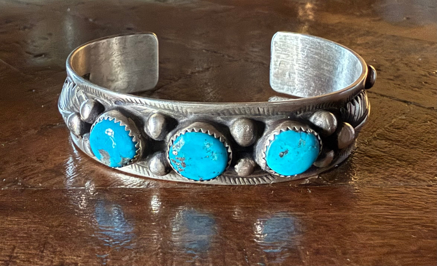 Sterling Turquoise 3 Stone Chunky Cuff Bracelet