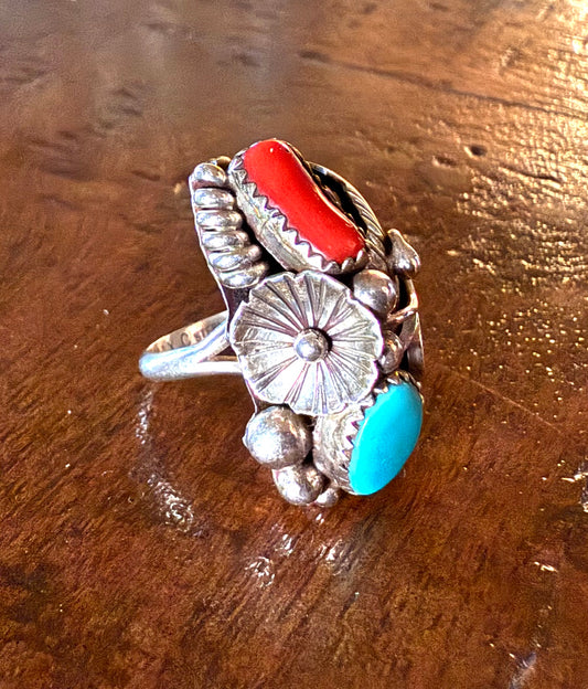 Sterling Turquoise and Coral Feather and Flower Ring