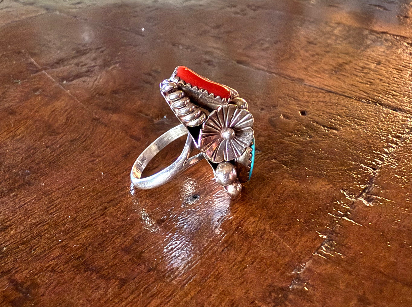 Sterling Turquoise and Coral Feather and Flower Ring