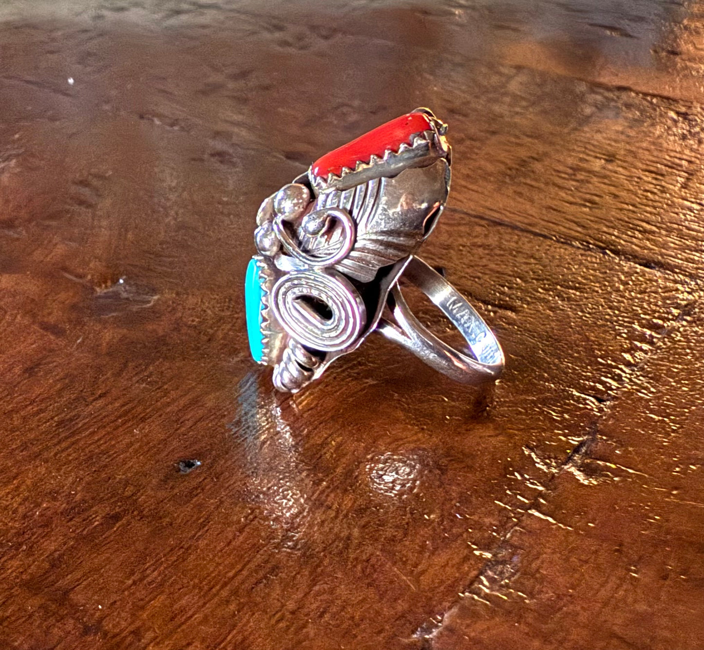 Sterling Turquoise and Coral Feather and Flower Ring