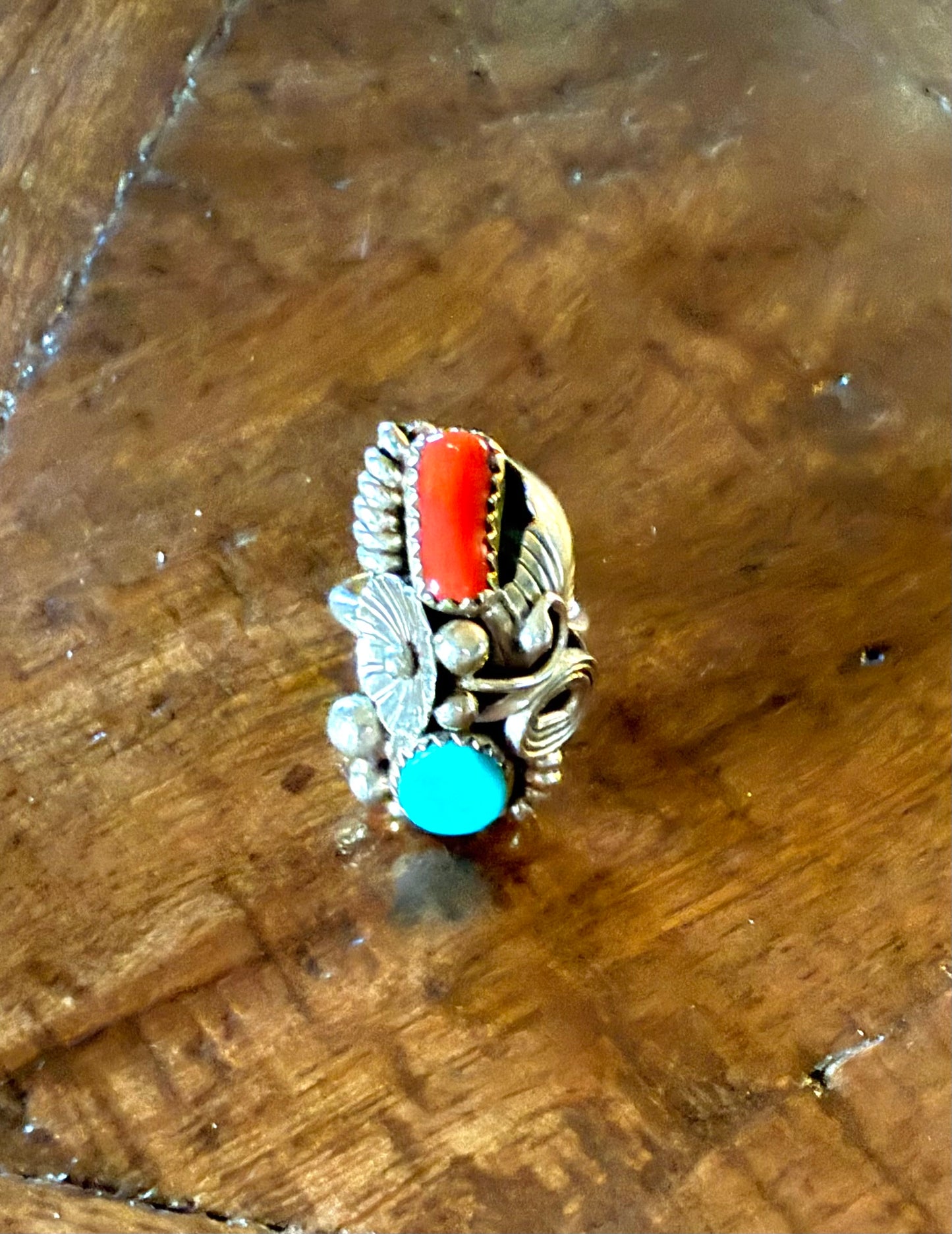 Sterling Turquoise and Coral Feather and Flower Ring