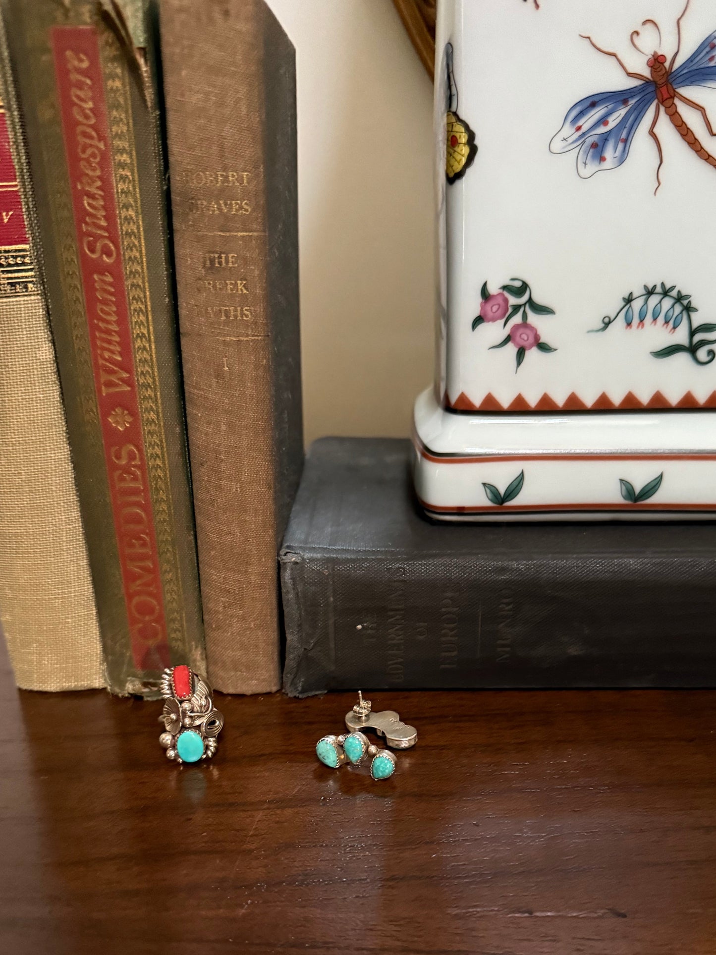 Sterling Turquoise and Coral Feather and Flower Ring