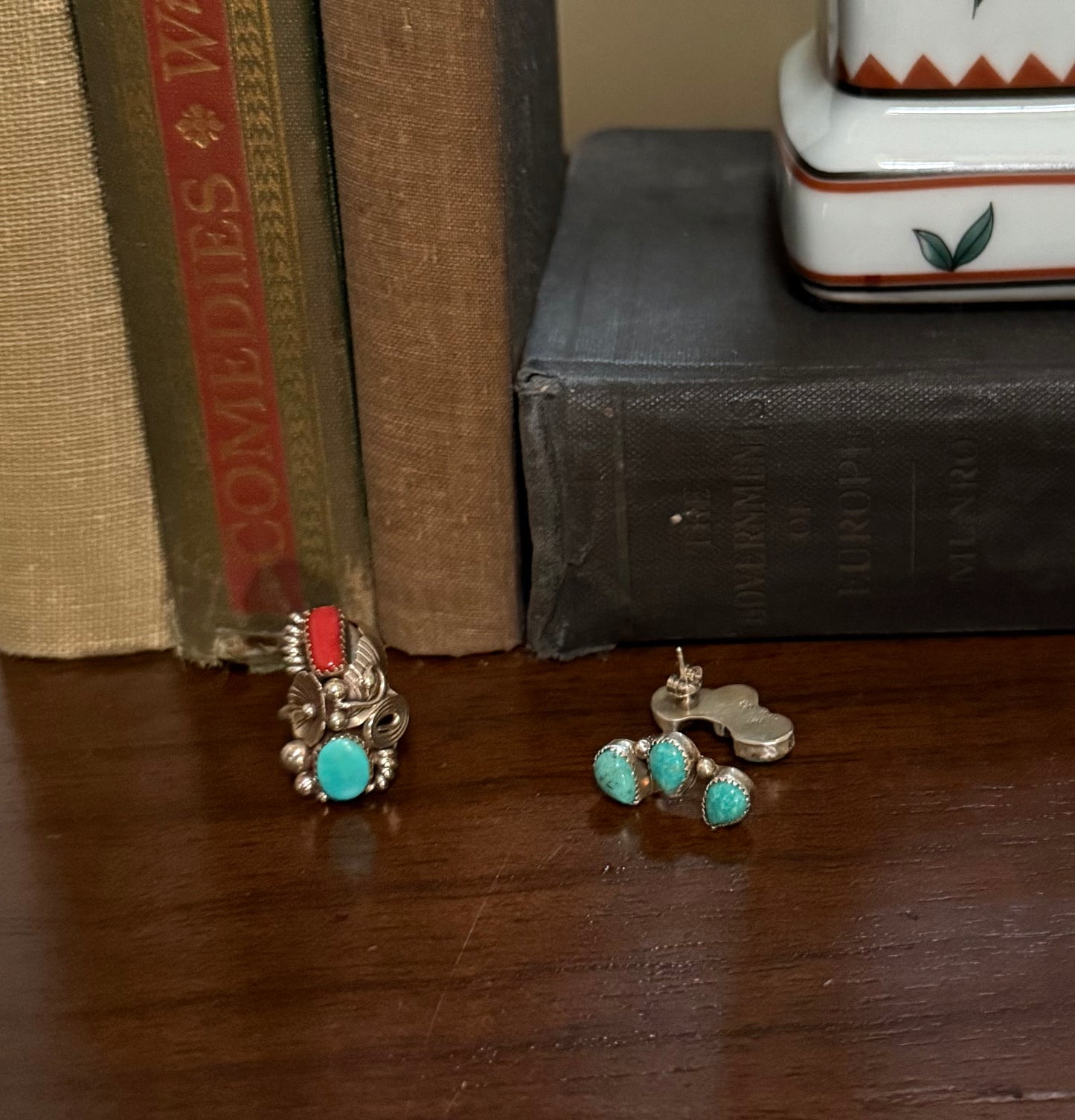 Sterling Turquoise and Coral Feather and Flower Ring
