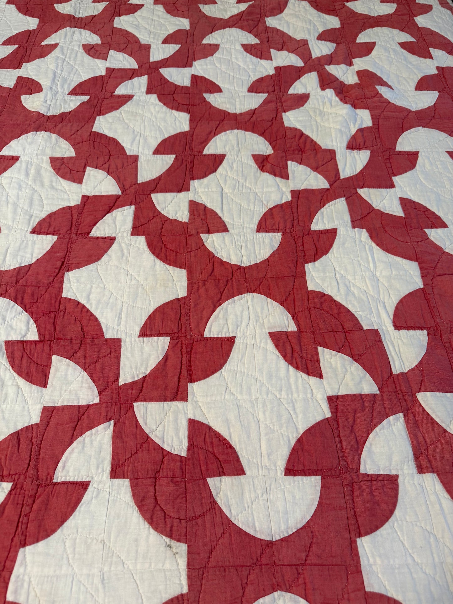 Vintage Red and White Drunkards Path Quilt