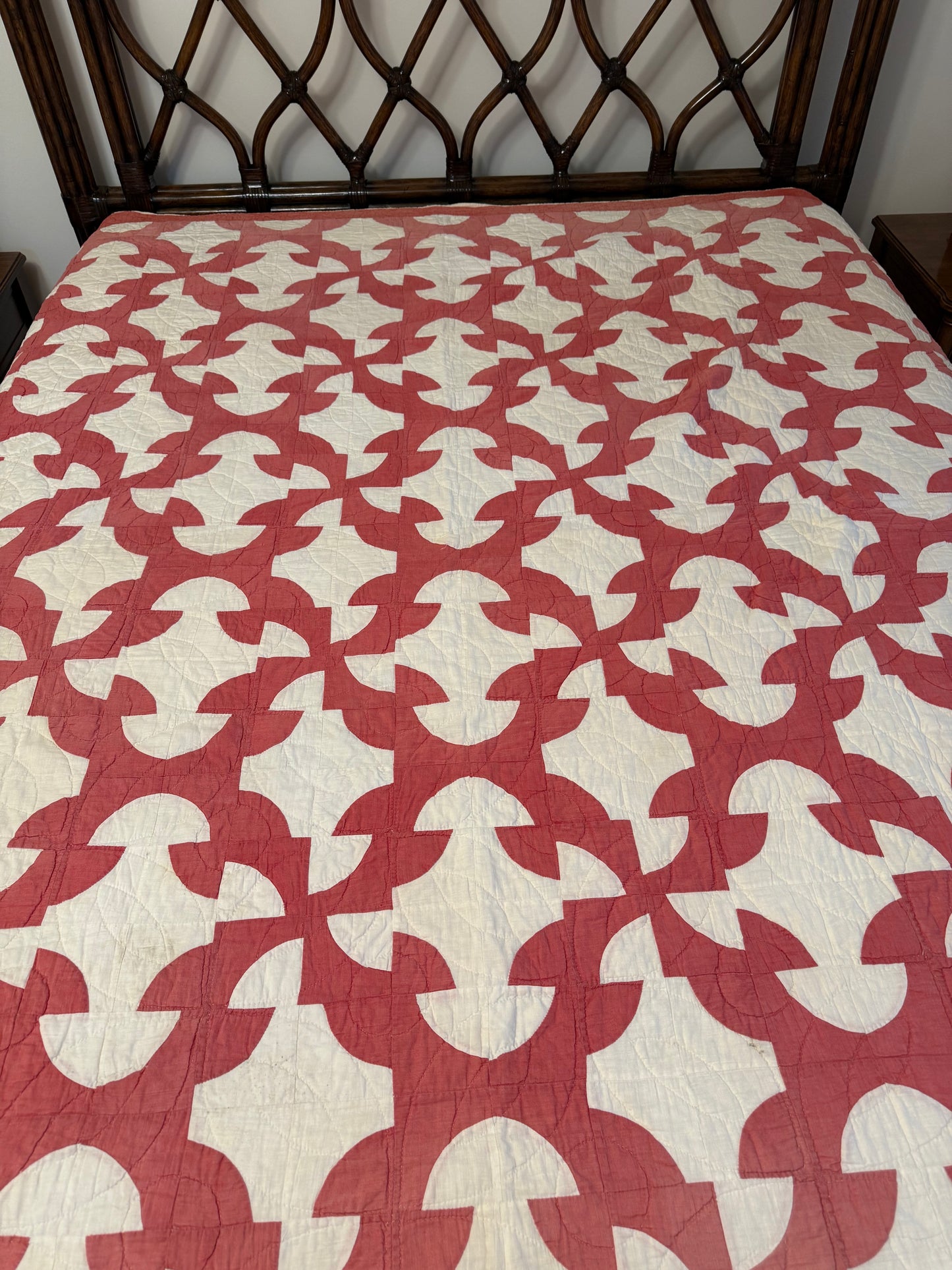 Vintage Red and White Drunkards Path Quilt