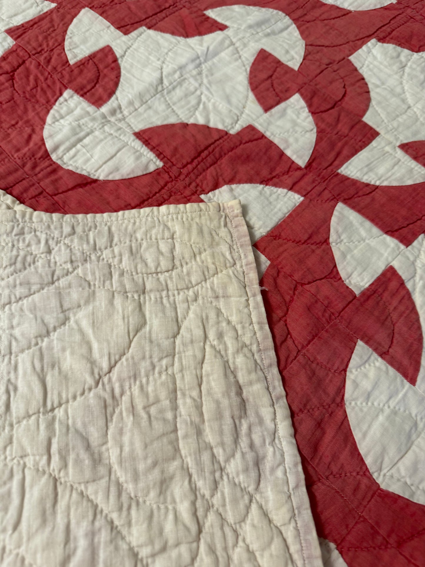 Vintage Red and White Drunkards Path Quilt