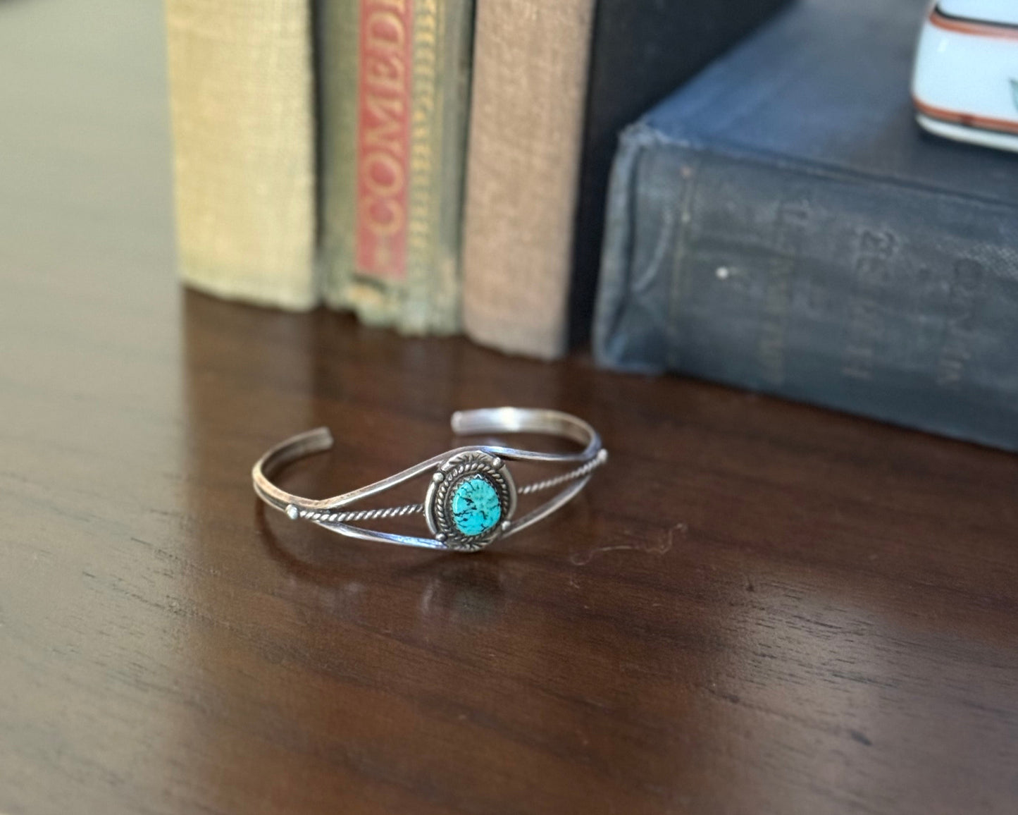 Sterling Turquoise Cuff Bracelet with Rope Detail