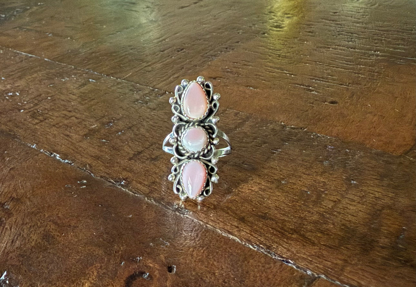 Sterling Pink Conch 3 Stone Ring