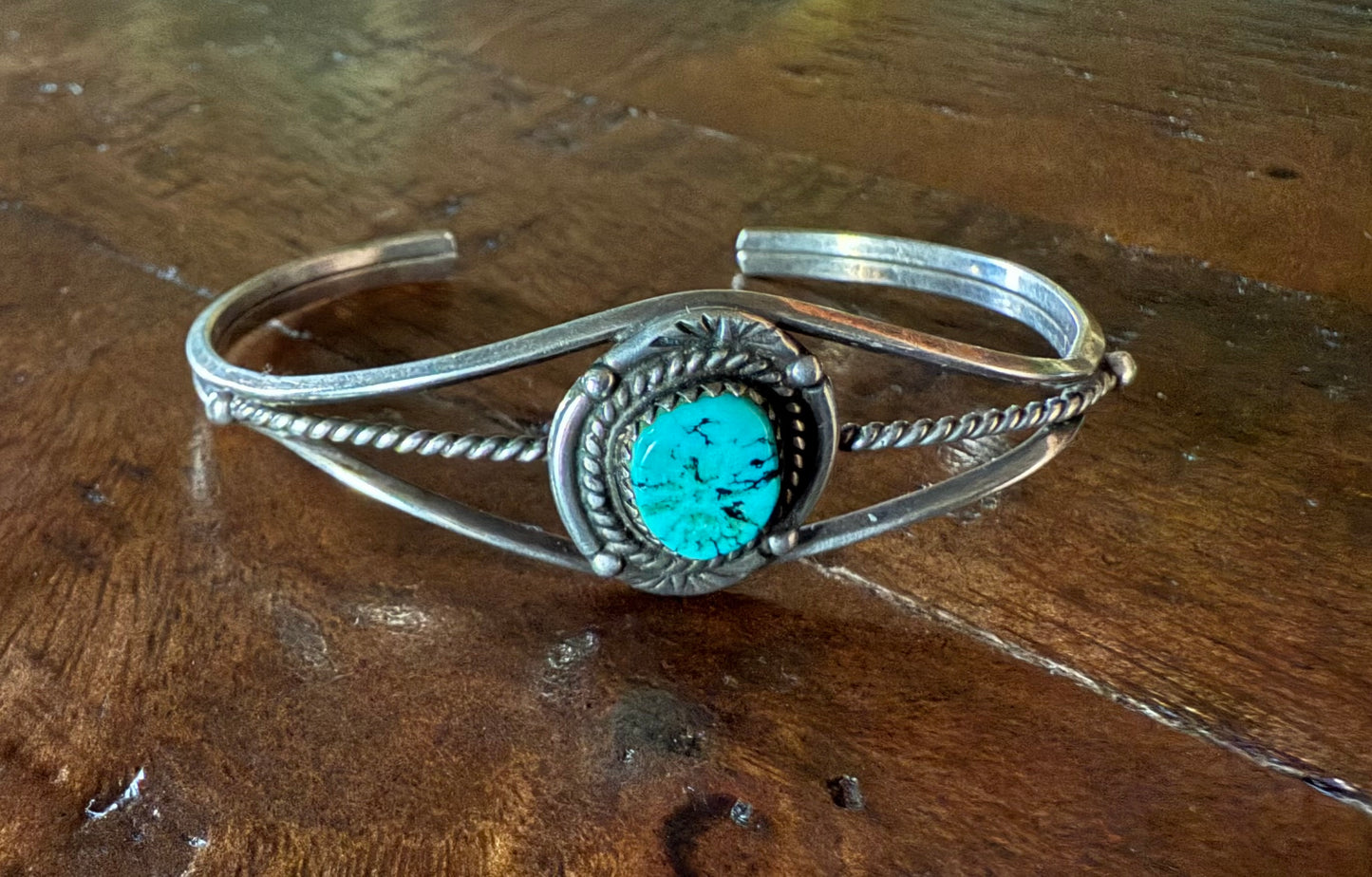 Sterling Turquoise Cuff Bracelet with Rope Detail