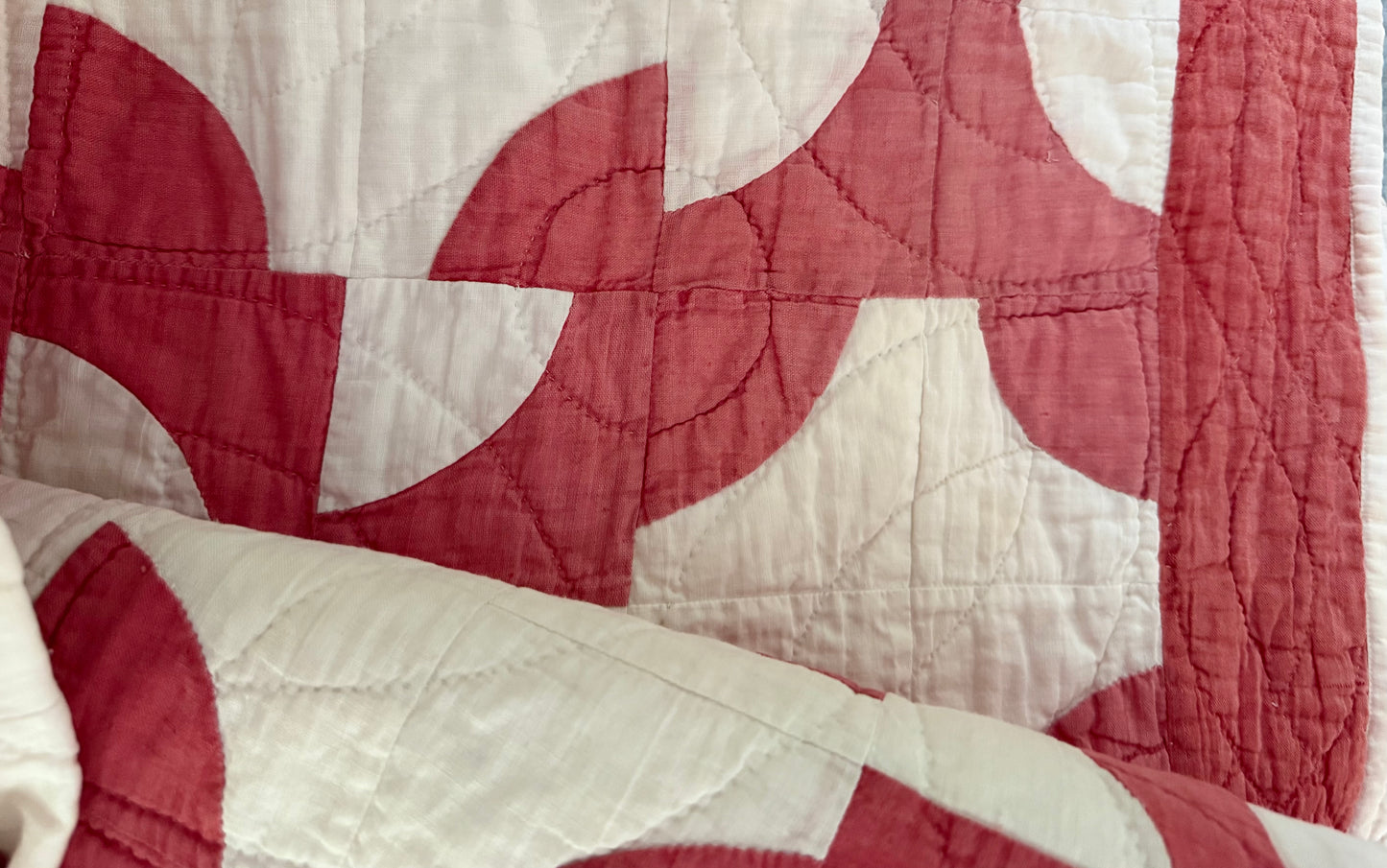 Vintage Red and White Drunkards Path Quilt