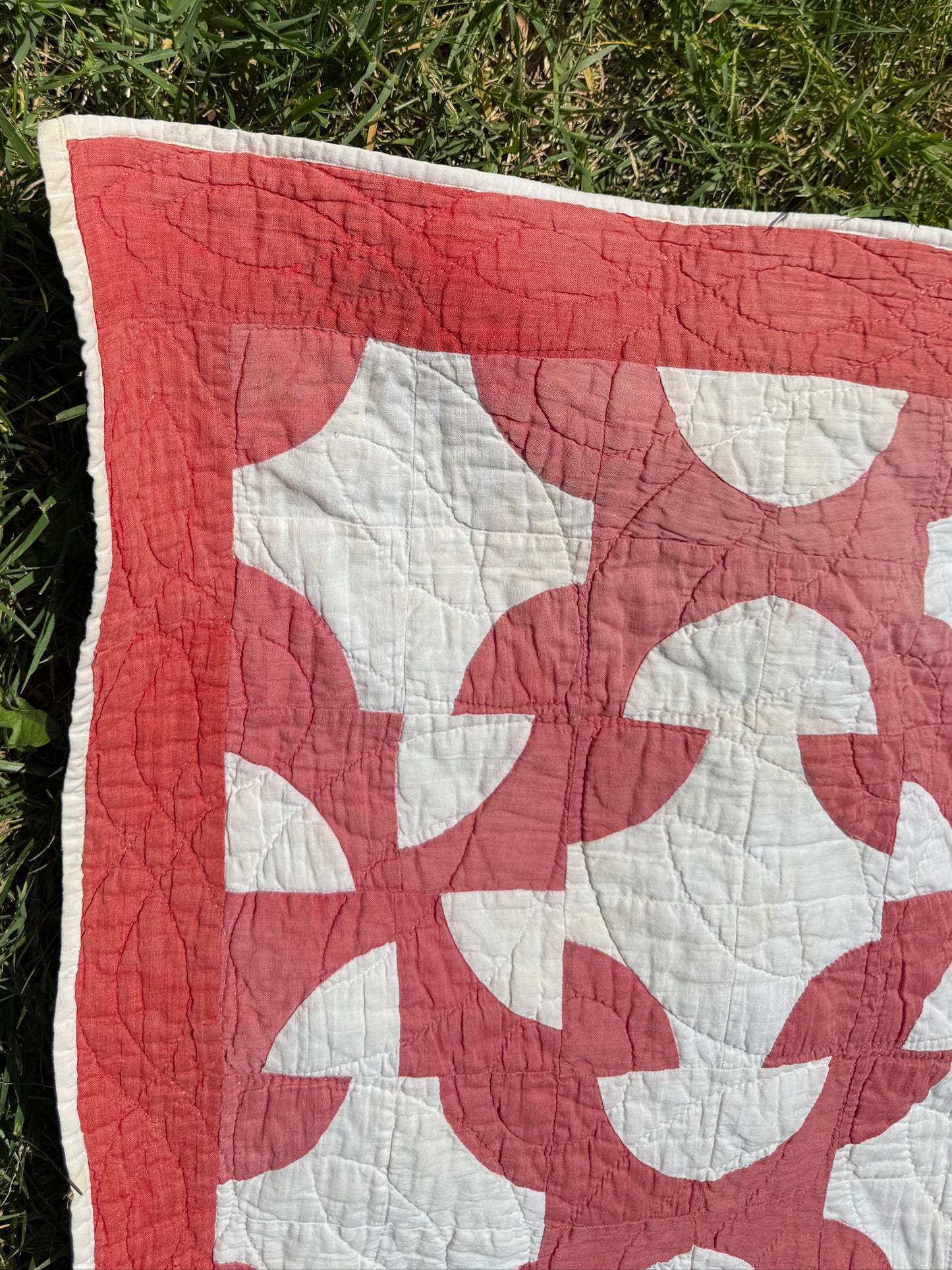 Vintage Red and White Drunkards Path Quilt