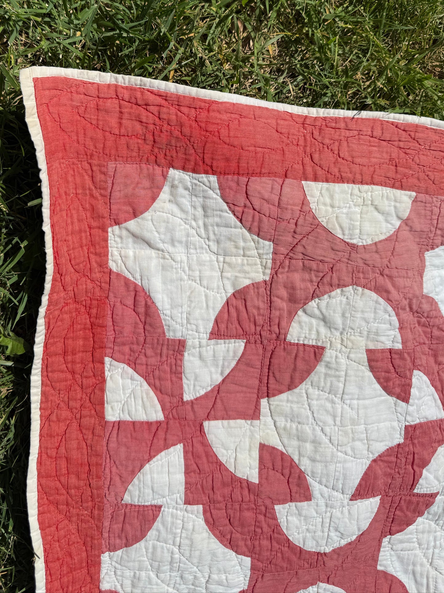 Vintage Red and White Drunkards Path Quilt