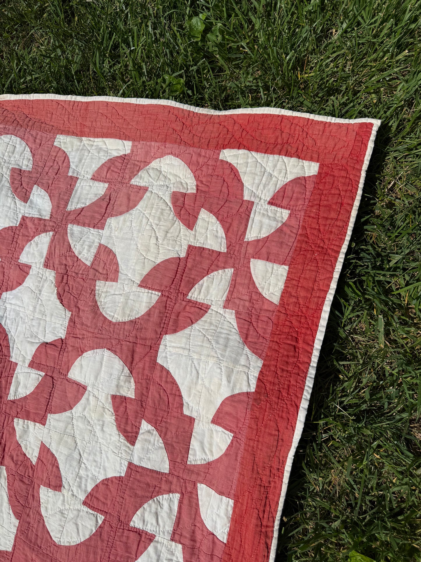Vintage Red and White Drunkards Path Quilt