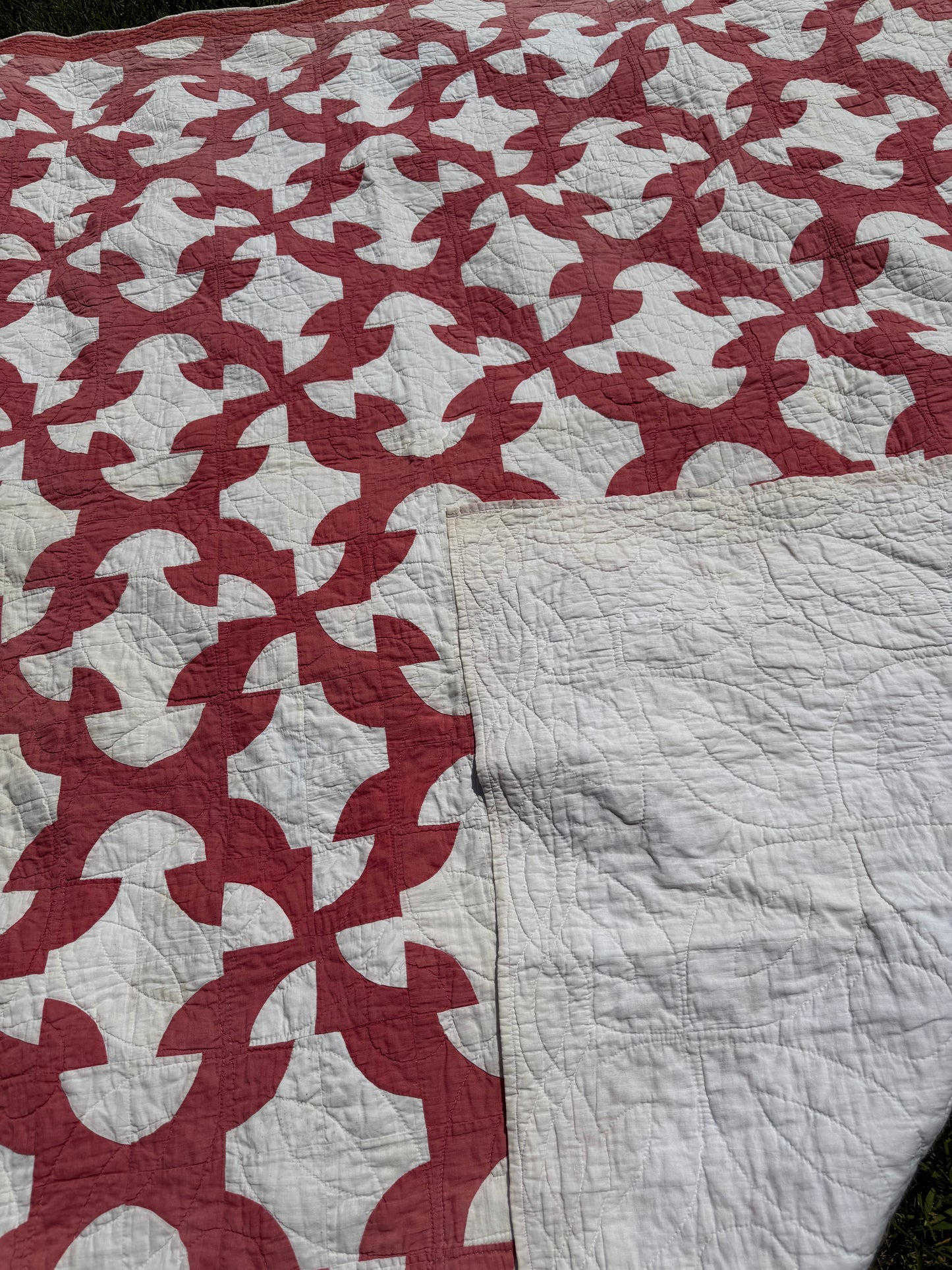 Vintage Red and White Drunkards Path Quilt
