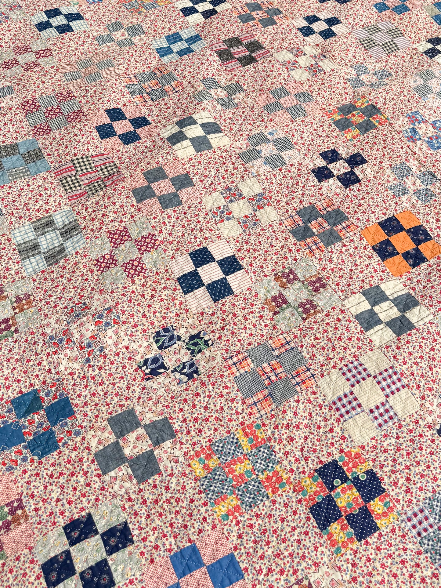 Vintage Red Floral Background Nine Patch Quilt