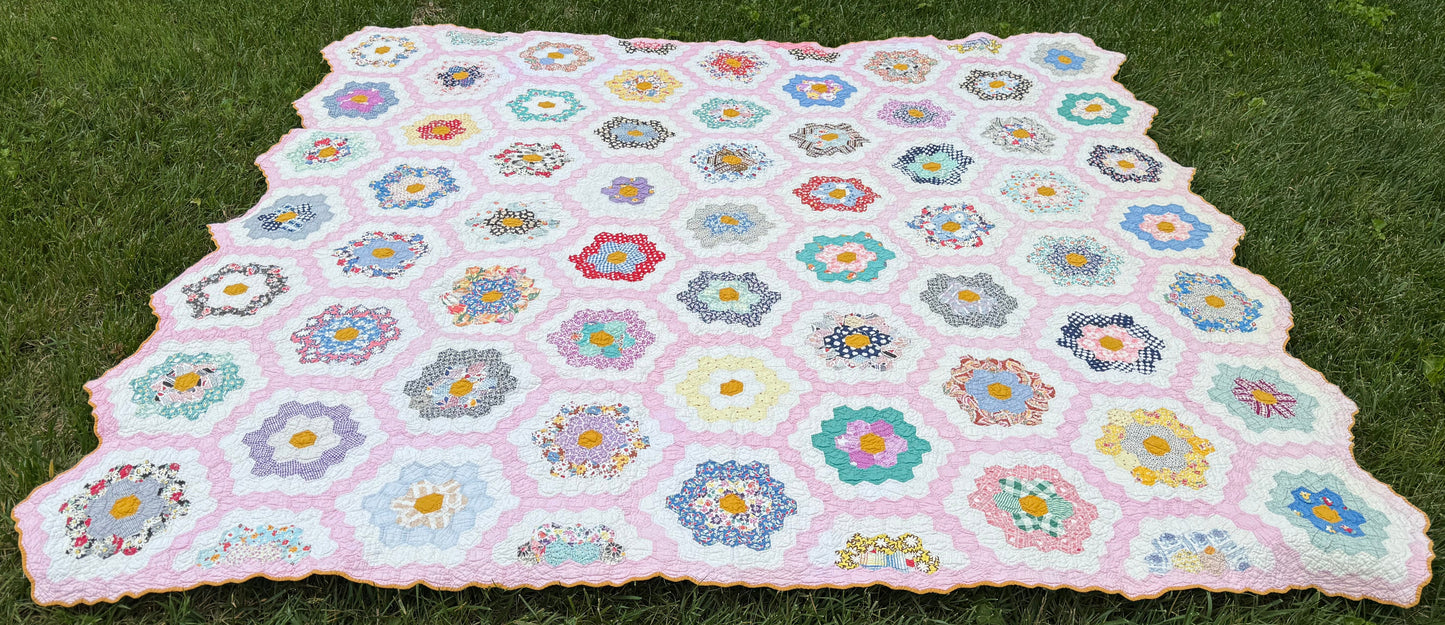 Vintage Pink Grandmother's Flower Garden Quilt