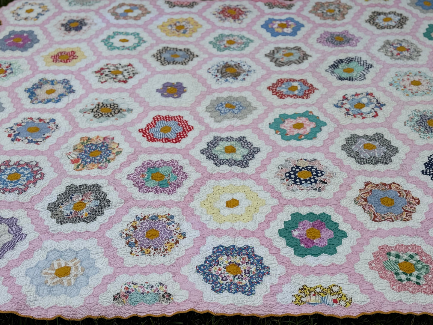 Vintage Pink Grandmother's Flower Garden Quilt