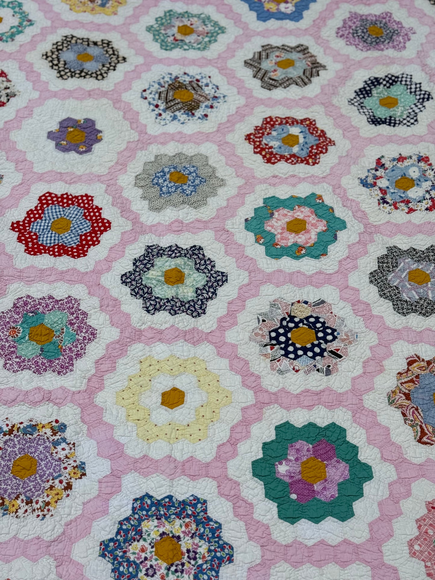 Vintage Pink Grandmother's Flower Garden Quilt