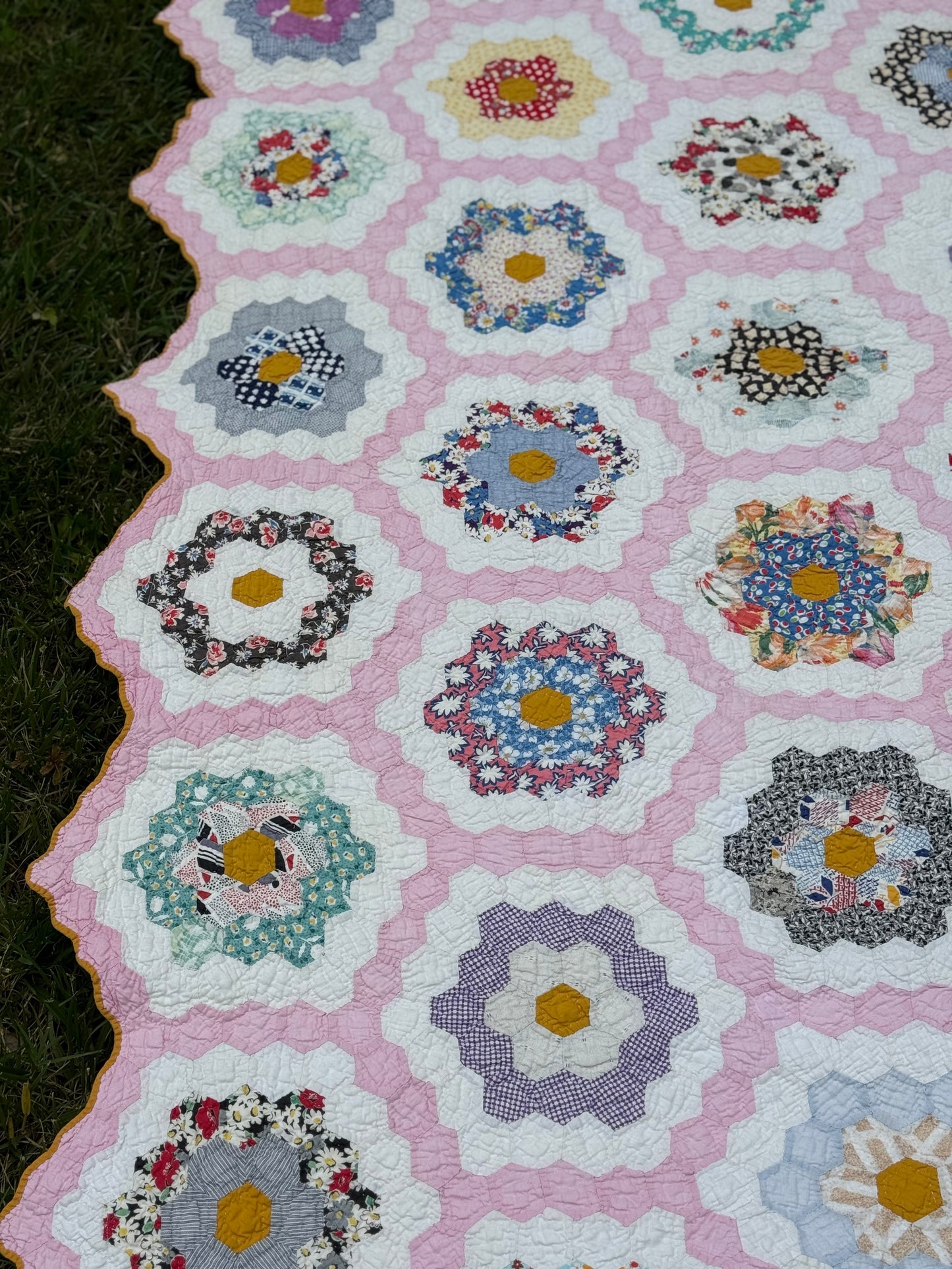 Vintage Pink Grandmother's Flower Garden Quilt
