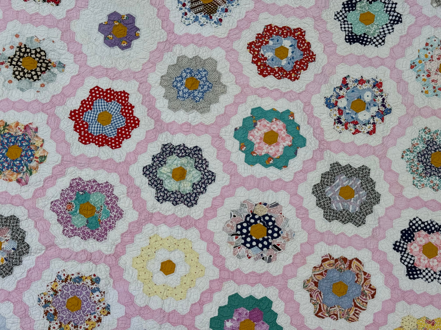 Vintage Pink Grandmother's Flower Garden Quilt