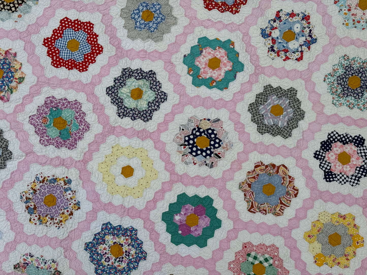 Vintage Pink Grandmother's Flower Garden Quilt