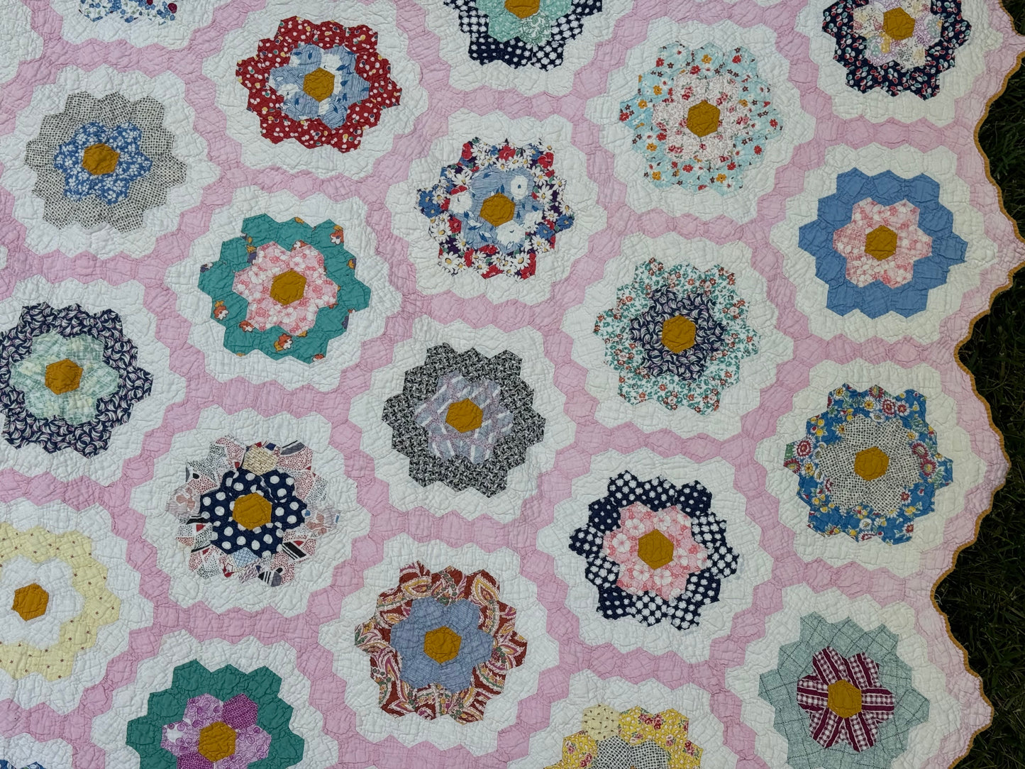 Vintage Pink Grandmother's Flower Garden Quilt
