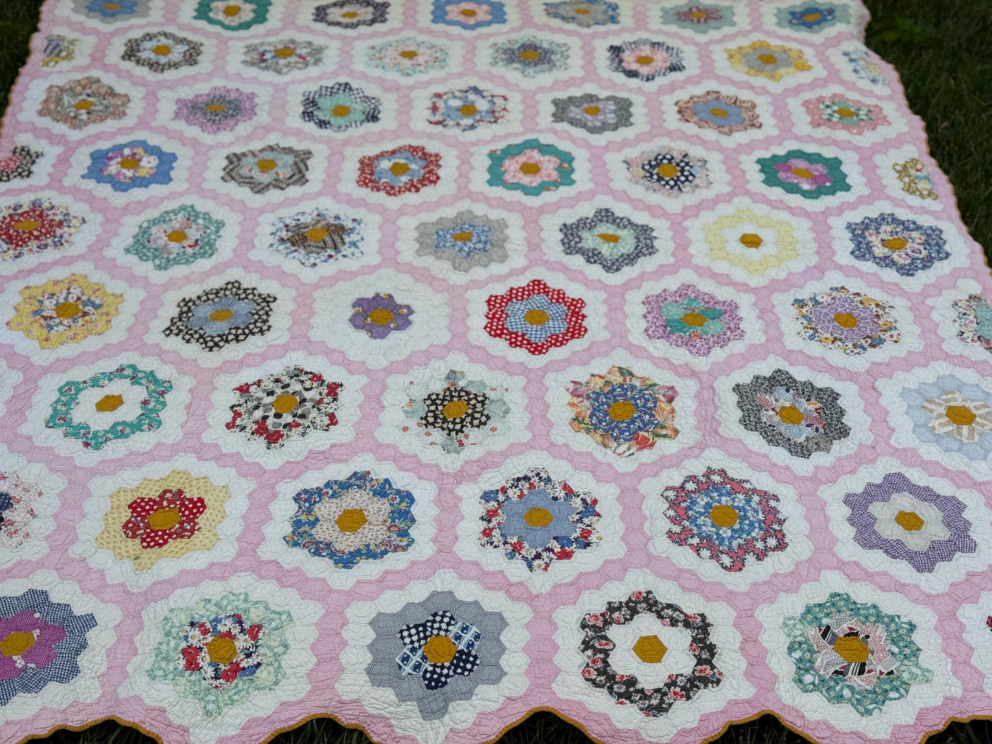 Vintage Pink Grandmother's Flower Garden Quilt