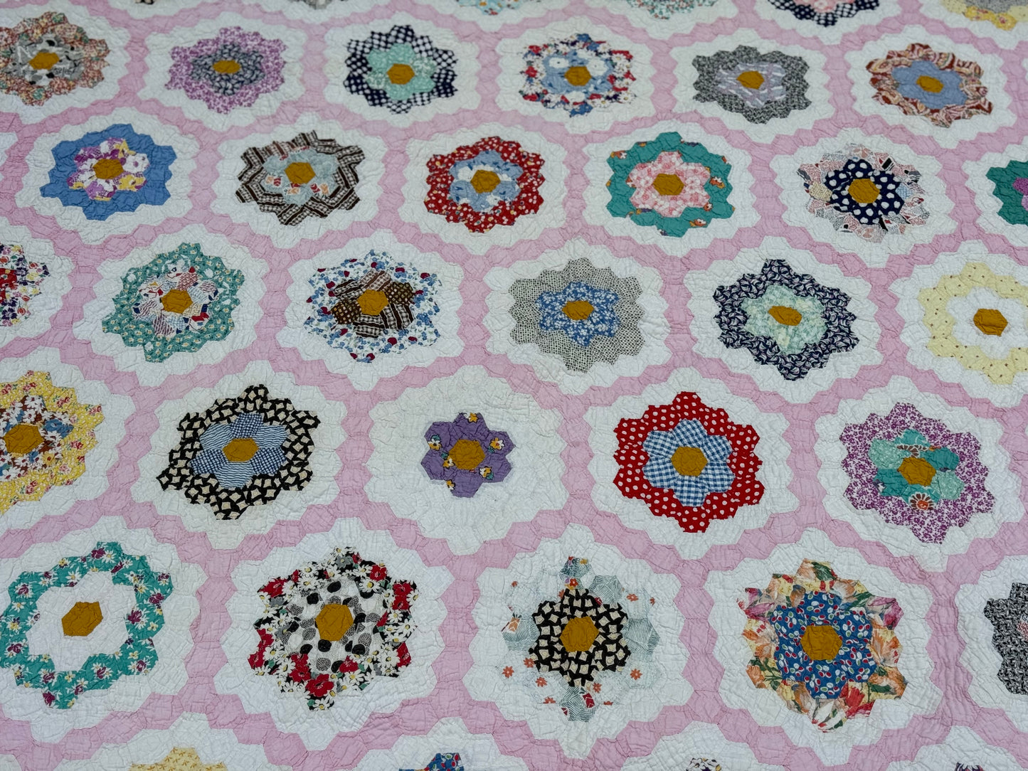 Vintage Pink Grandmother's Flower Garden Quilt