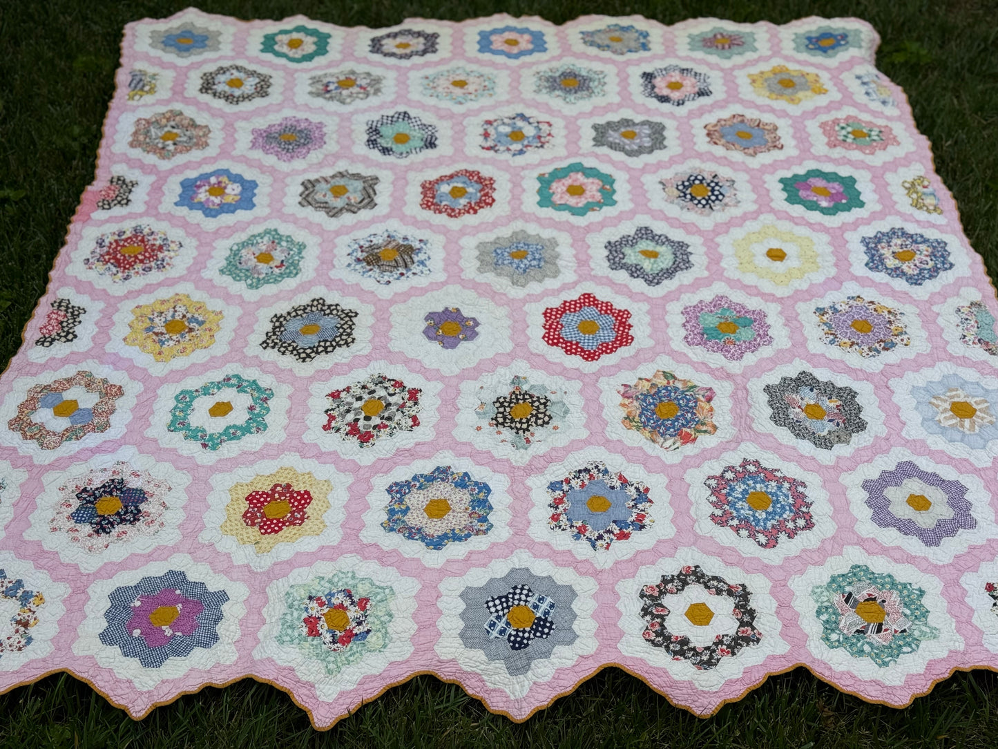 Vintage Pink Grandmother's Flower Garden Quilt
