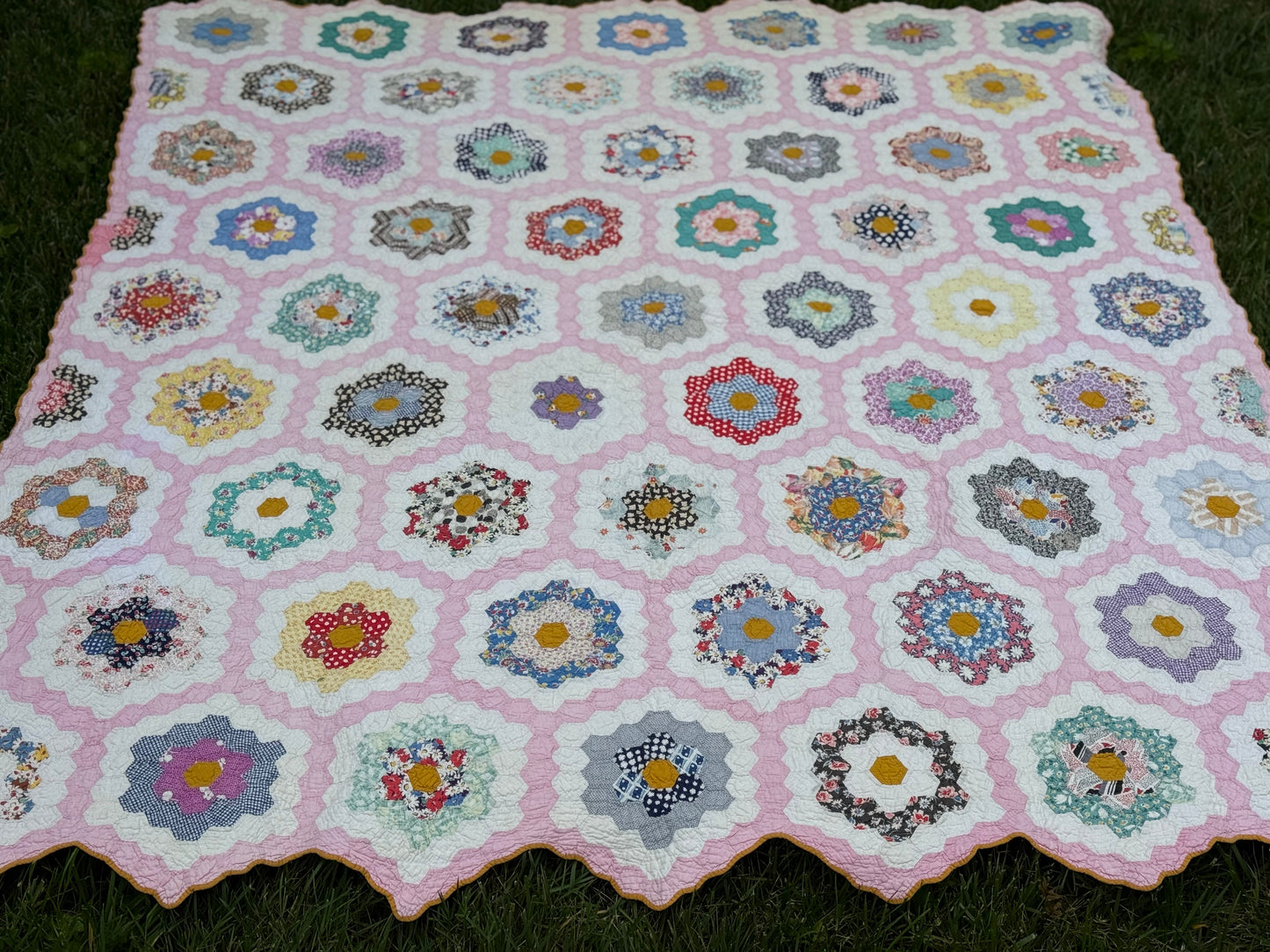 Vintage Pink Grandmother's Flower Garden Quilt