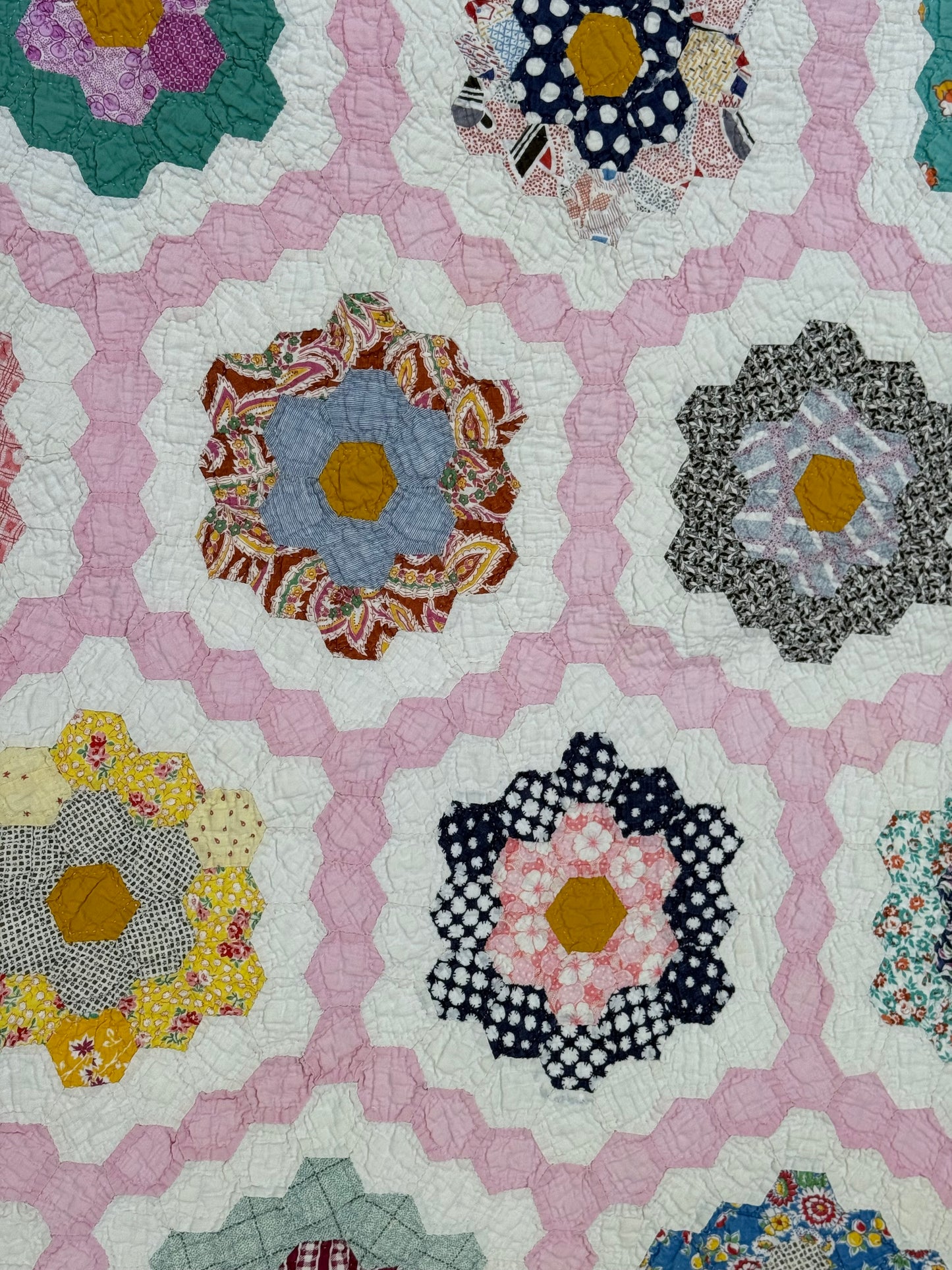 Vintage Pink Grandmother's Flower Garden Quilt