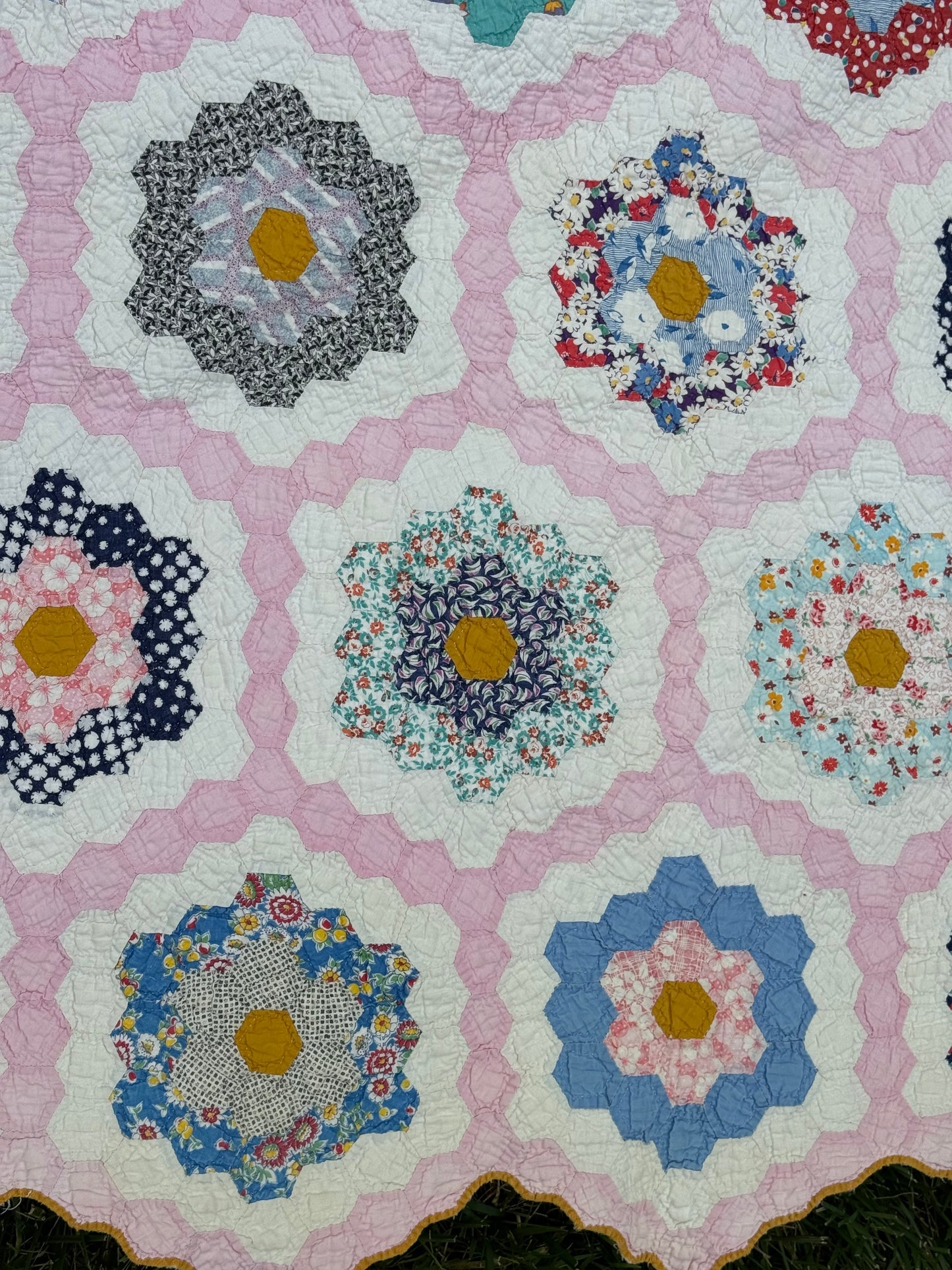 Vintage Pink Grandmother's Flower Garden Quilt