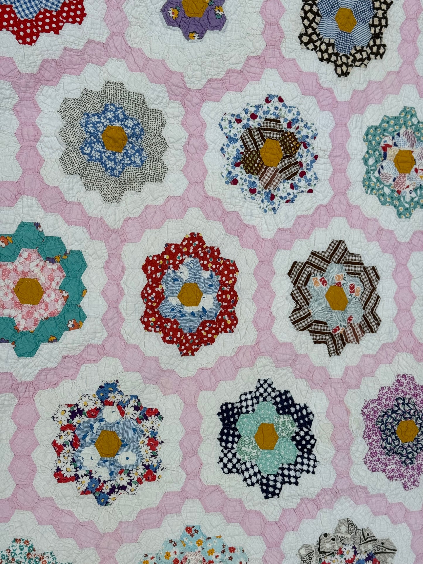 Vintage Pink Grandmother's Flower Garden Quilt