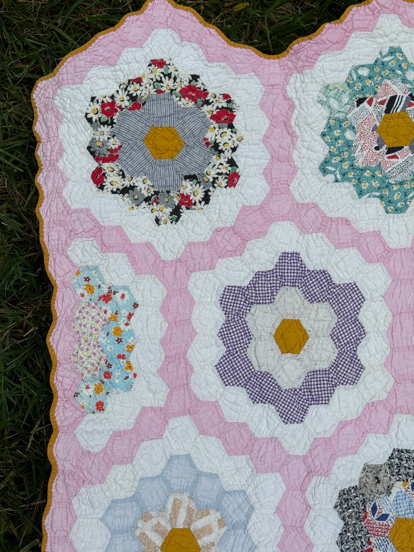 Vintage Pink Grandmother's Flower Garden Quilt