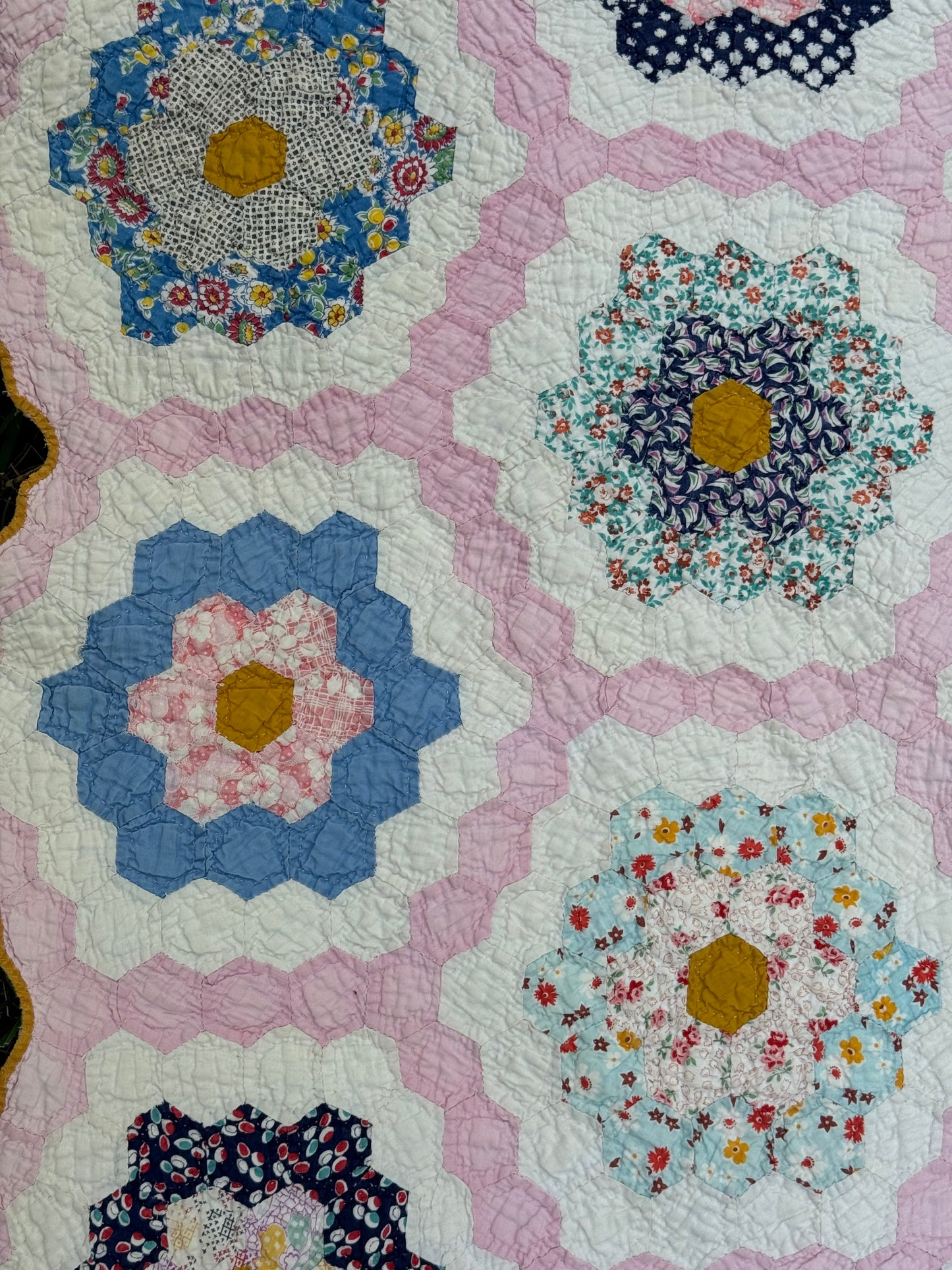 Vintage Pink Grandmother's Flower Garden Quilt