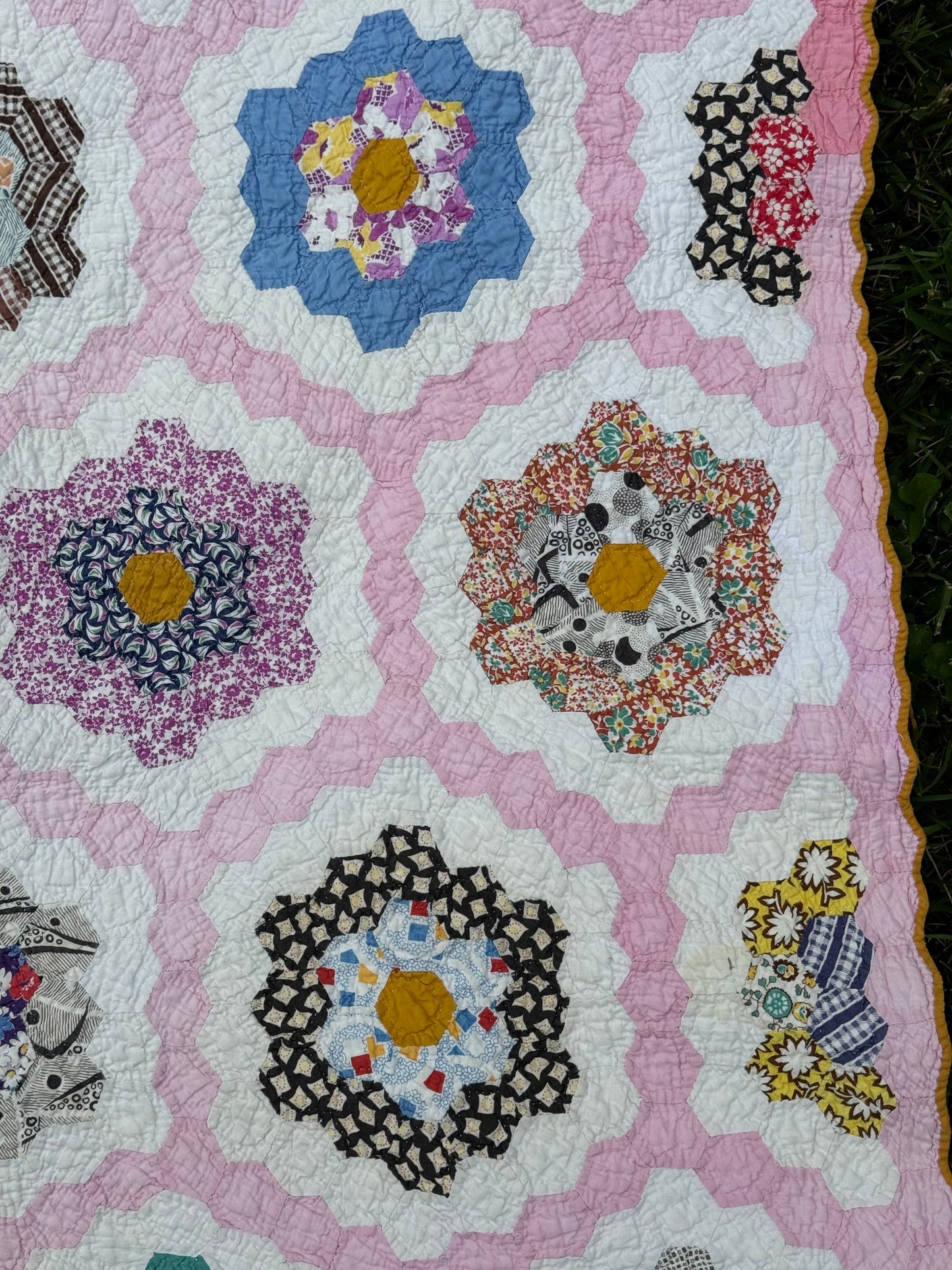 Vintage Pink Grandmother's Flower Garden Quilt