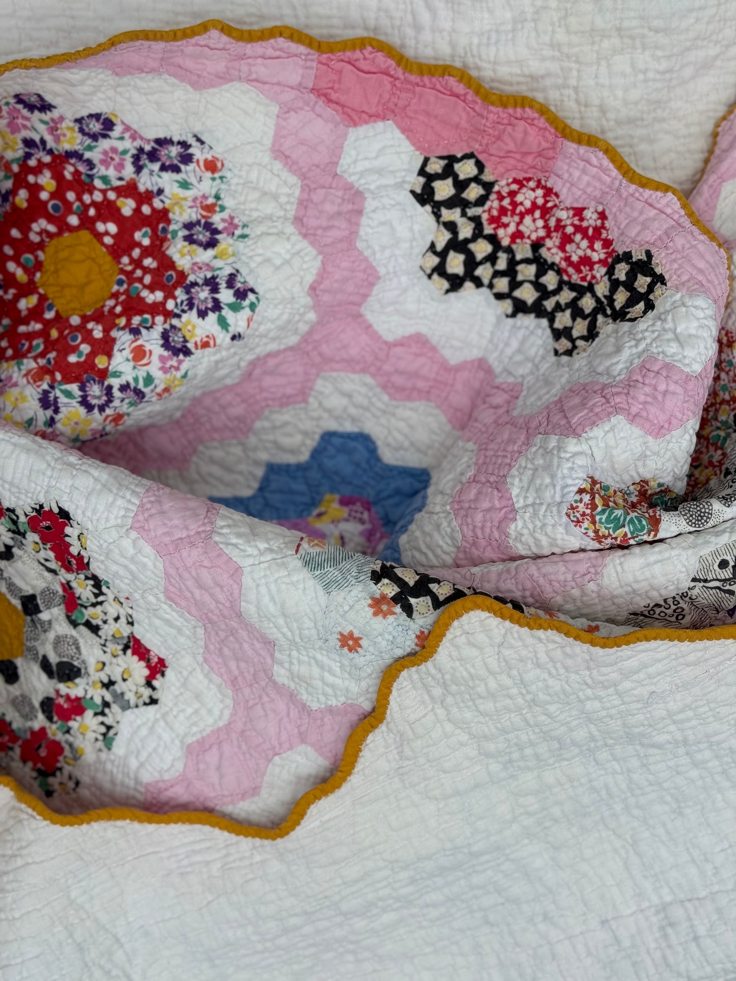Vintage Pink Grandmother's Flower Garden Quilt