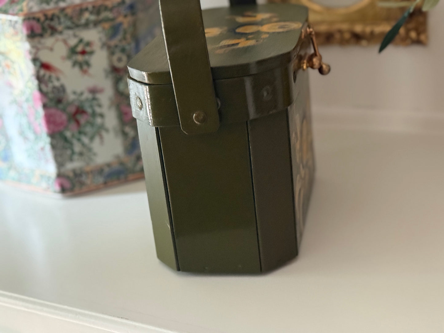 Vintage Green Floral Wooden Purse