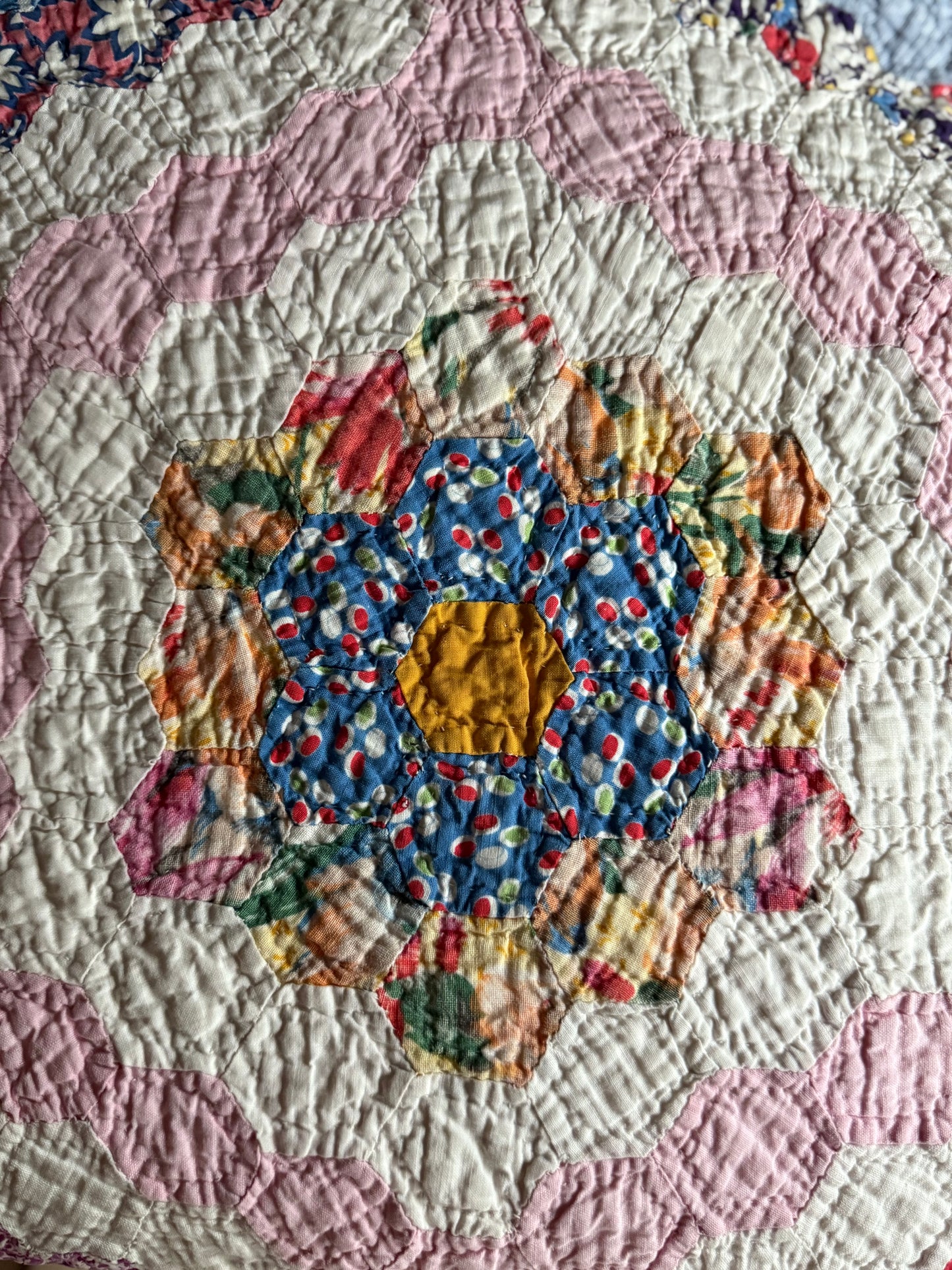 Vintage Pink Grandmother's Flower Garden Quilt