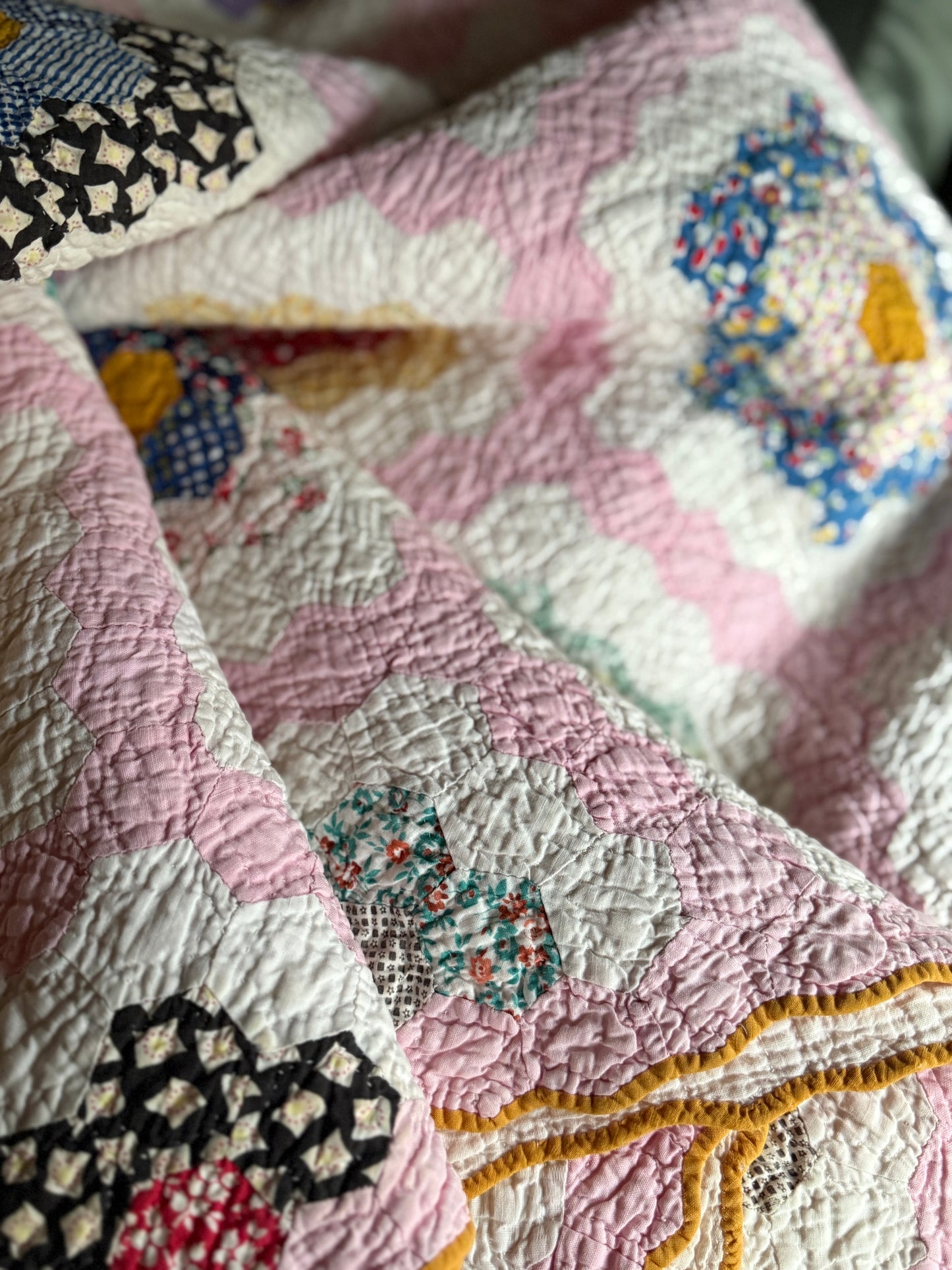 Vintage Pink Grandmother's Flower Garden Quilt