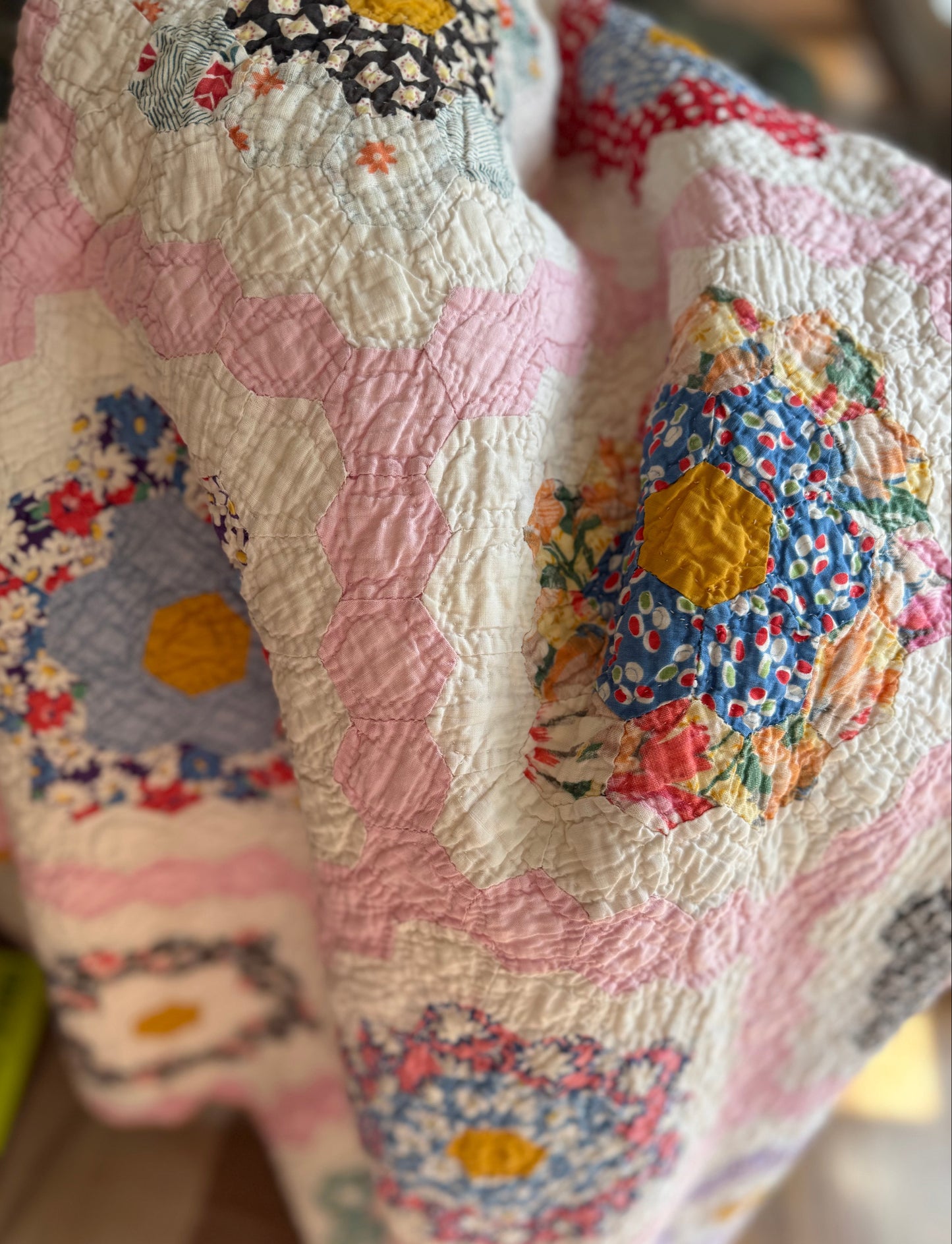 Vintage Pink Grandmother's Flower Garden Quilt