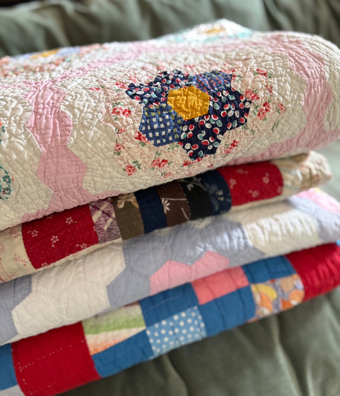Vintage Pink Grandmother's Flower Garden Quilt